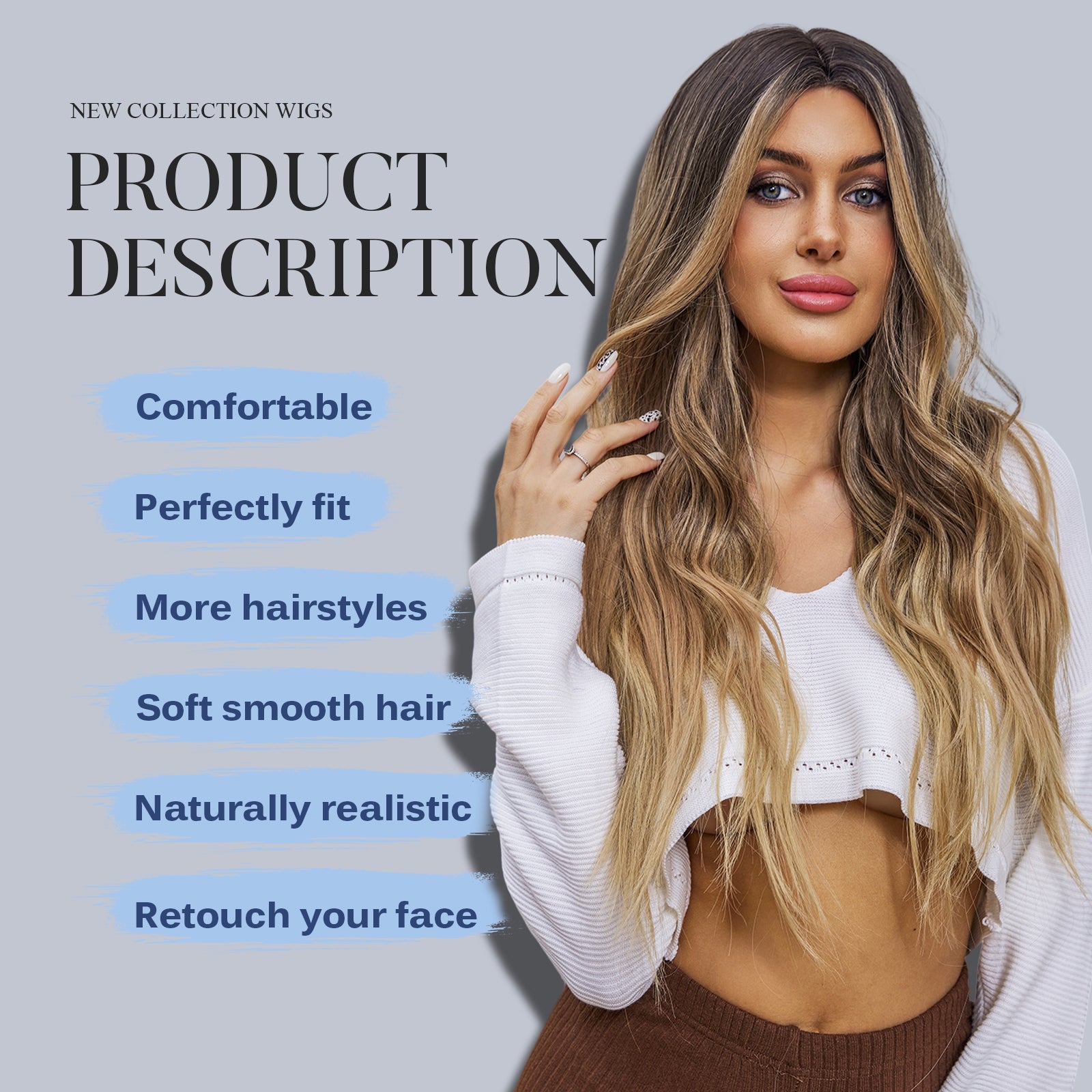 Long Ombre Blonde mixed Brown Highlight Wavy Wig for Women,Lace Front Middle Part Curly Wavy Wig, Natural Looking Synthetic Heat Resistant Fiber Wig for Daily Party Use 26IN