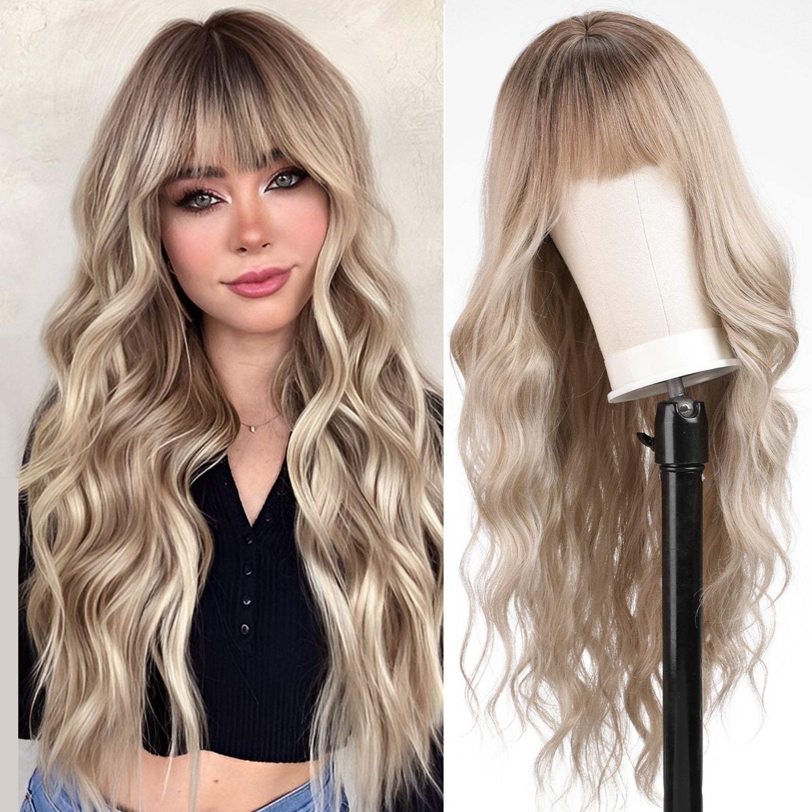 Ombre Dirty Blonde Wigs with Bangs,Ash Blonde Long Wavy Wig for Women,Long Curly Synthetic Hair Wig for Party Daily Use 26IN