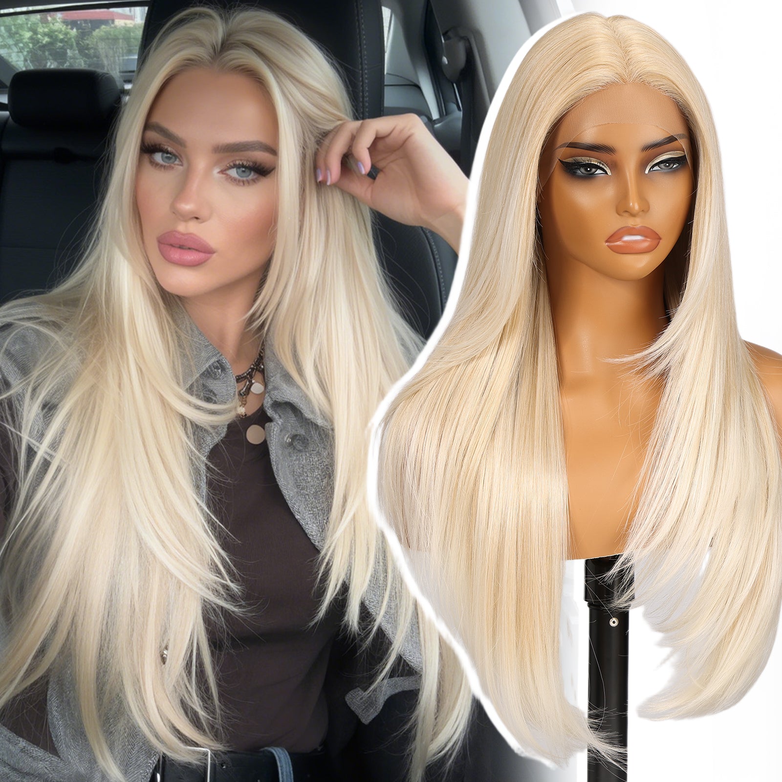 KOME Blonde Synthetic Lace Front Wig,T Part Pre Cut Glueless Long Straight Layered Wigs for Women Cosplay Daily Use 26IN(#R10119)