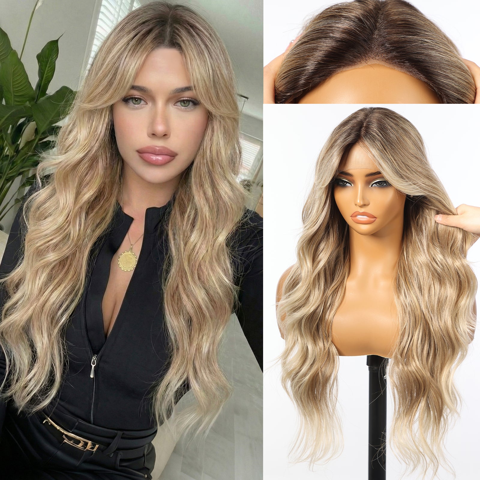 KOME Ombre Blonde Synthetic Lace Front Wig,T Part Glueless Long Body Wavy Wigs With Bangs for Women Cosplay Daily Use 28IN