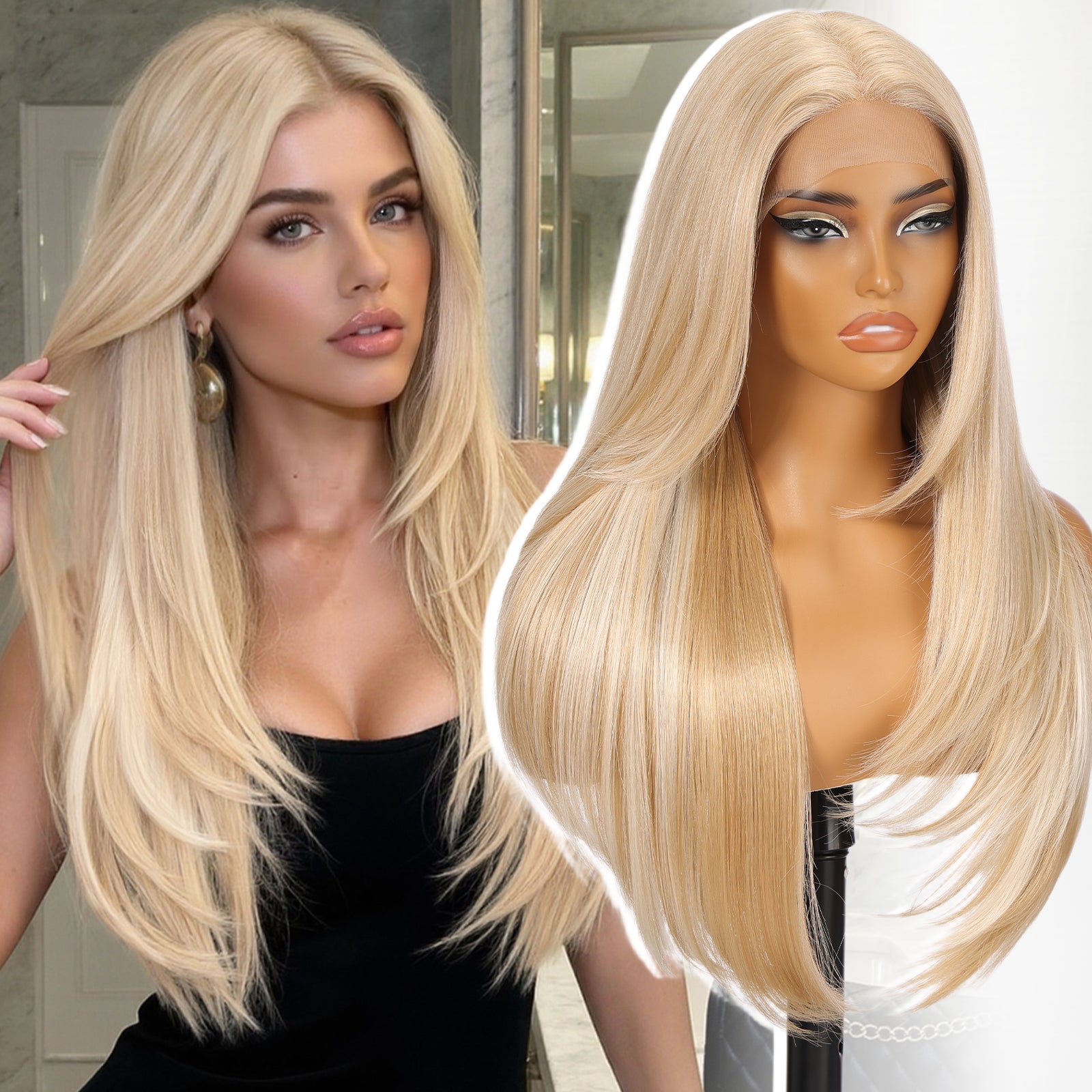 KOME Blonde Synthetic Lace Front Wig,T Part Pre Cut Glueless Long Straight Layered Wigs for Women Cosplay Daily Use 26IN(#K16B88)