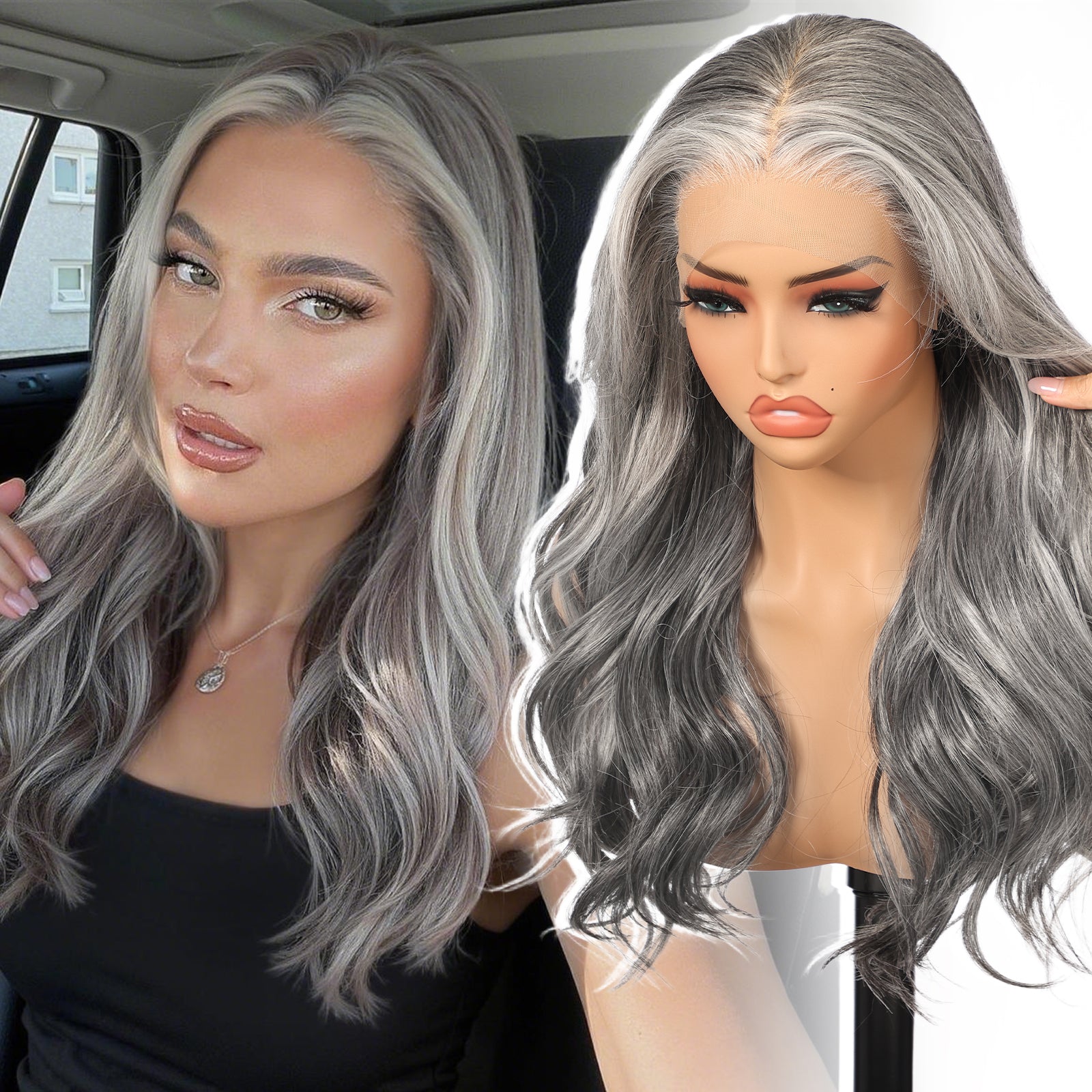 KOME Grey Synthetic Lace Front Wig,13×6 Curly Glueless Wigs for Women Daily Use 22IN（#2/60HL）