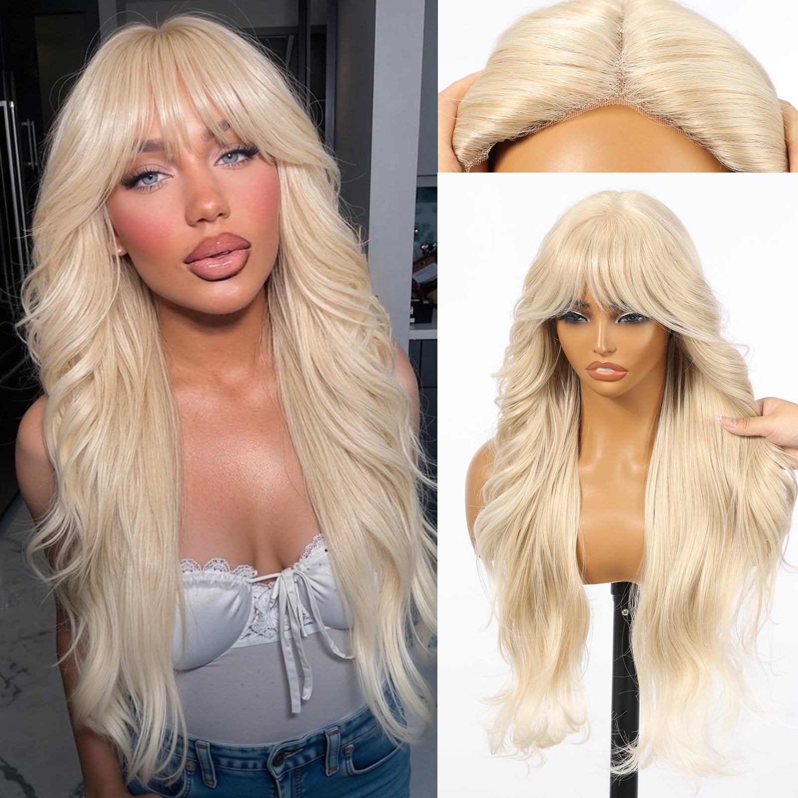KOME Light Blonde Synthetic Lace Front Wig, T Part Glueless Layered Wavy Wigs With Bangs, Heat Resistant Wigs For Women Daily Party Use 26IN