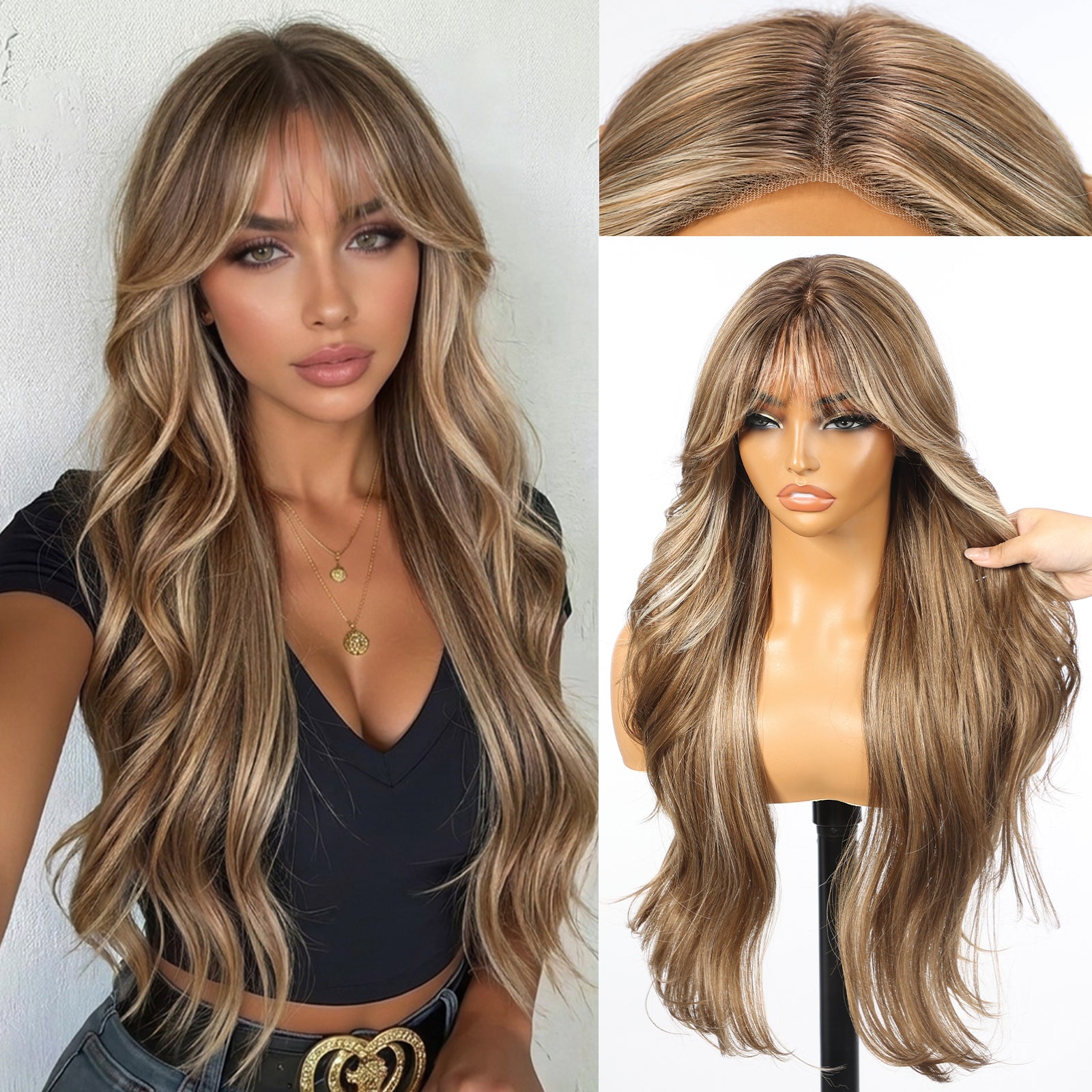 KOME Ash Brown Highlight Synthetic Lace Front Wig,T Part Glueless Layered Wavy Wigs With Bangs, Heat Resistant Wigs For Women Daily Party Use 26IN