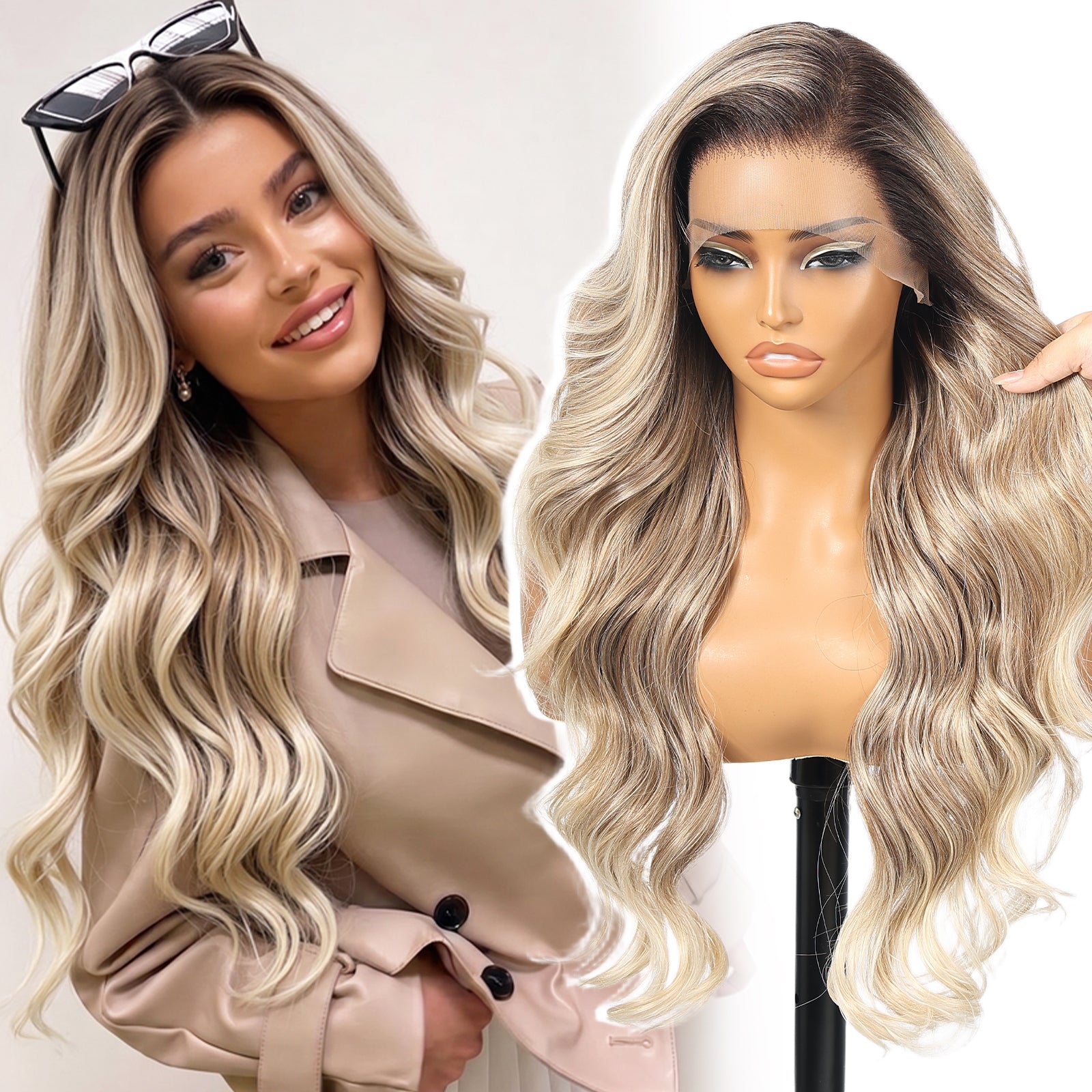 KOME Brown Highlight Synthetic Lace Front Wig,13×6 Curly Glueless Wigs for Women Daily Use 26IN（#TT4/T2713）