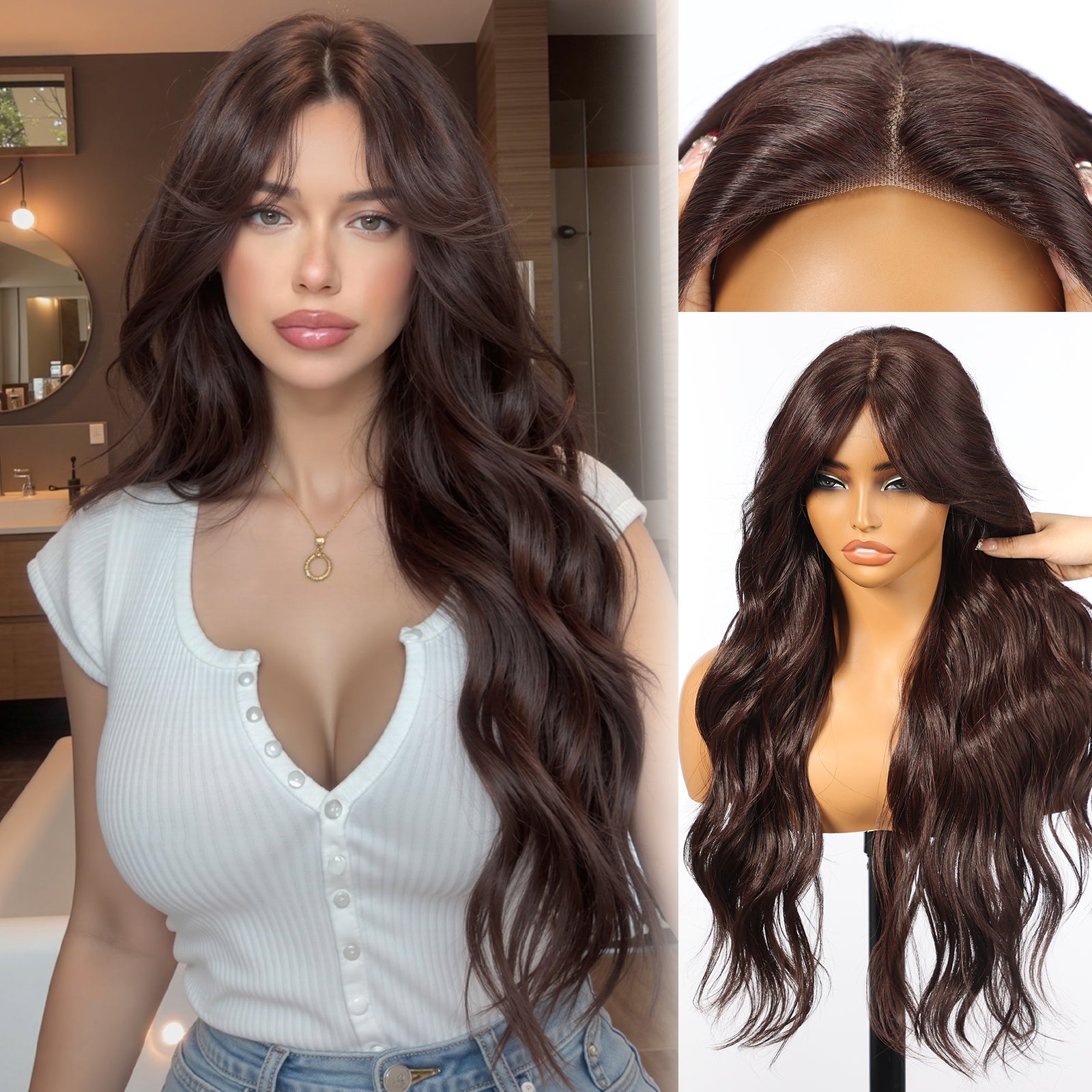 KOME Brown Synthetic Lace Front Wig,T Part Glueless Long Body Wavy Wigs With Bangs for Women Cosplay Daily Use 28IN(#233)