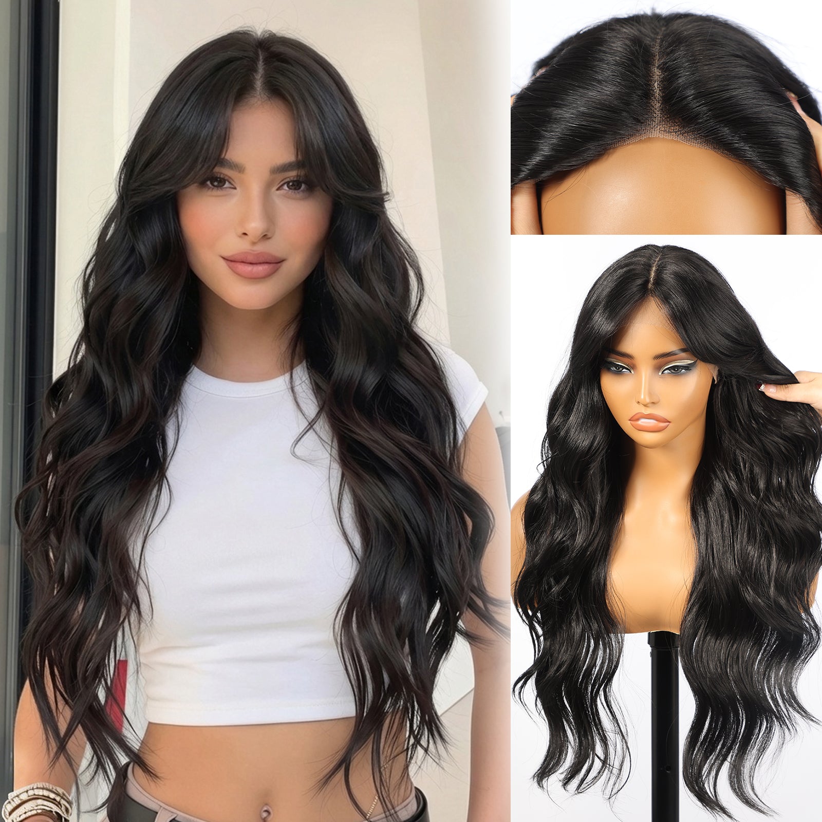 KOME Black Synthetic Lace Front Wig,T Part Glueless Long Body Wavy Wigs With Bangs for Women Cosplay Daily Use 28IN(#1B)