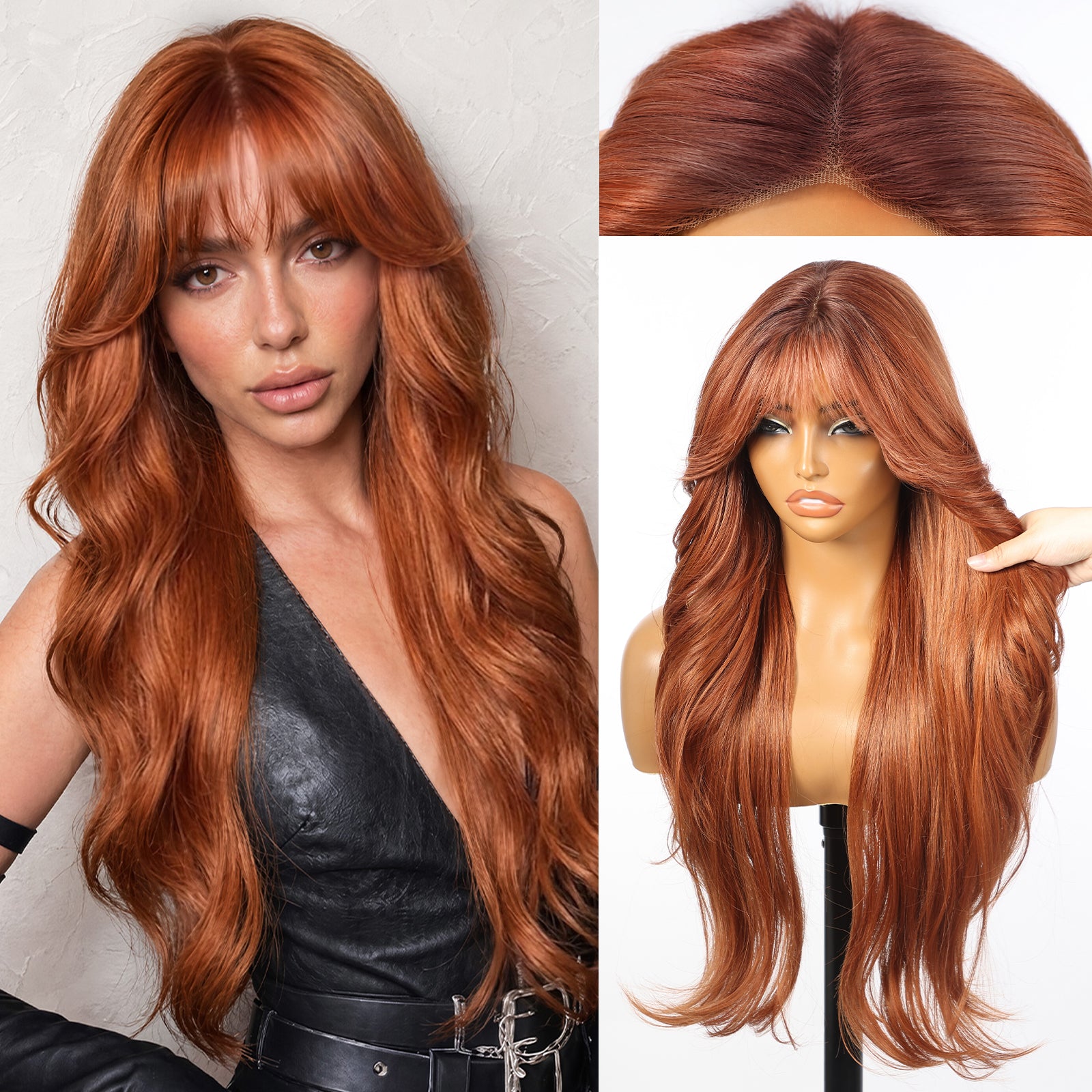 KOME Auburn Synthetic Lace Front Wig,T Part Glueless Layered Wavy Wigs With Bangs, Heat Resistant Wigs For Women Daily Party Use 26IN