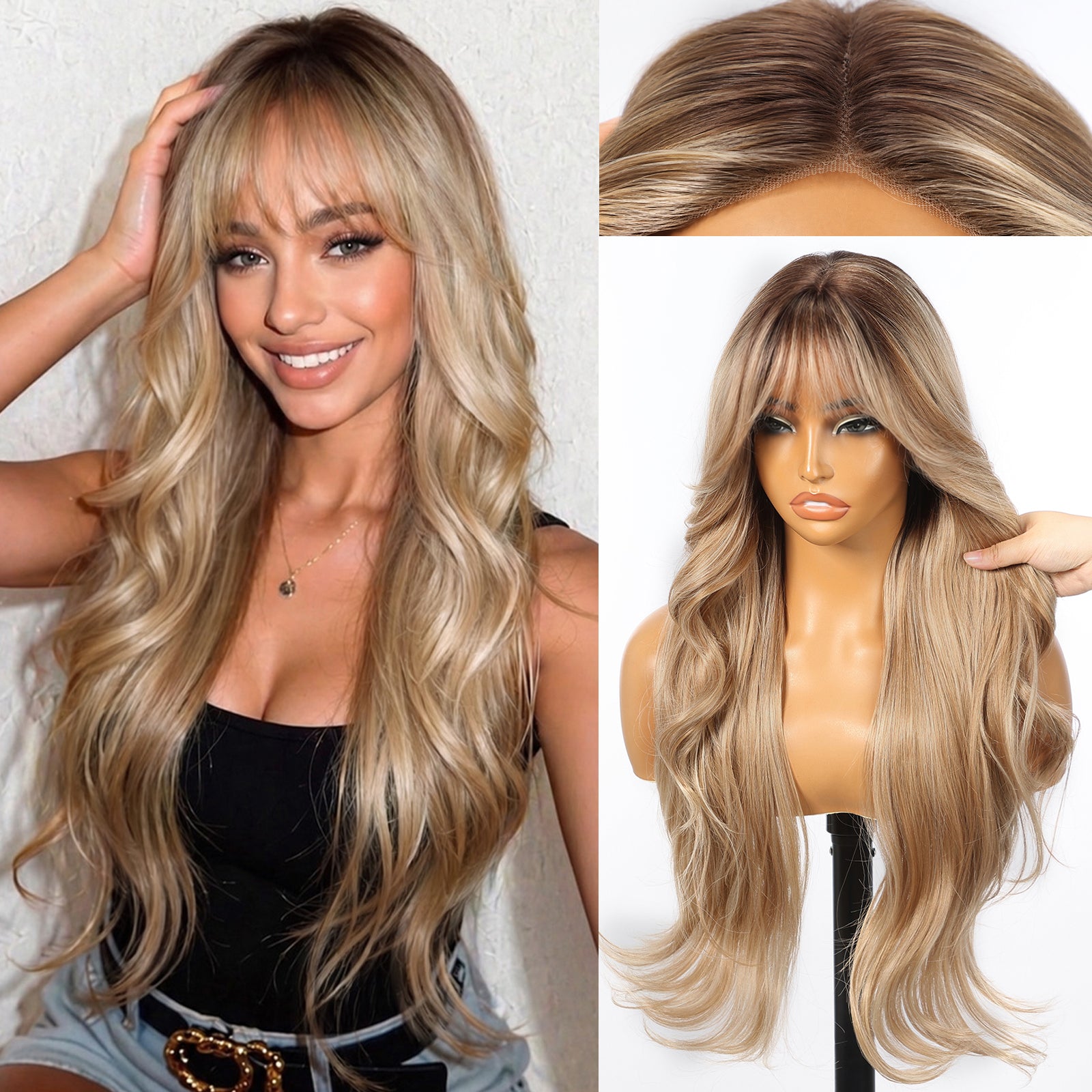 KOME Dirty Blonde Synthetic Lace Front Wig,T Part Glueless Layered Wavy Wigs With Bangs, Heat Resistant Wigs For Women Daily Party Use 26IN