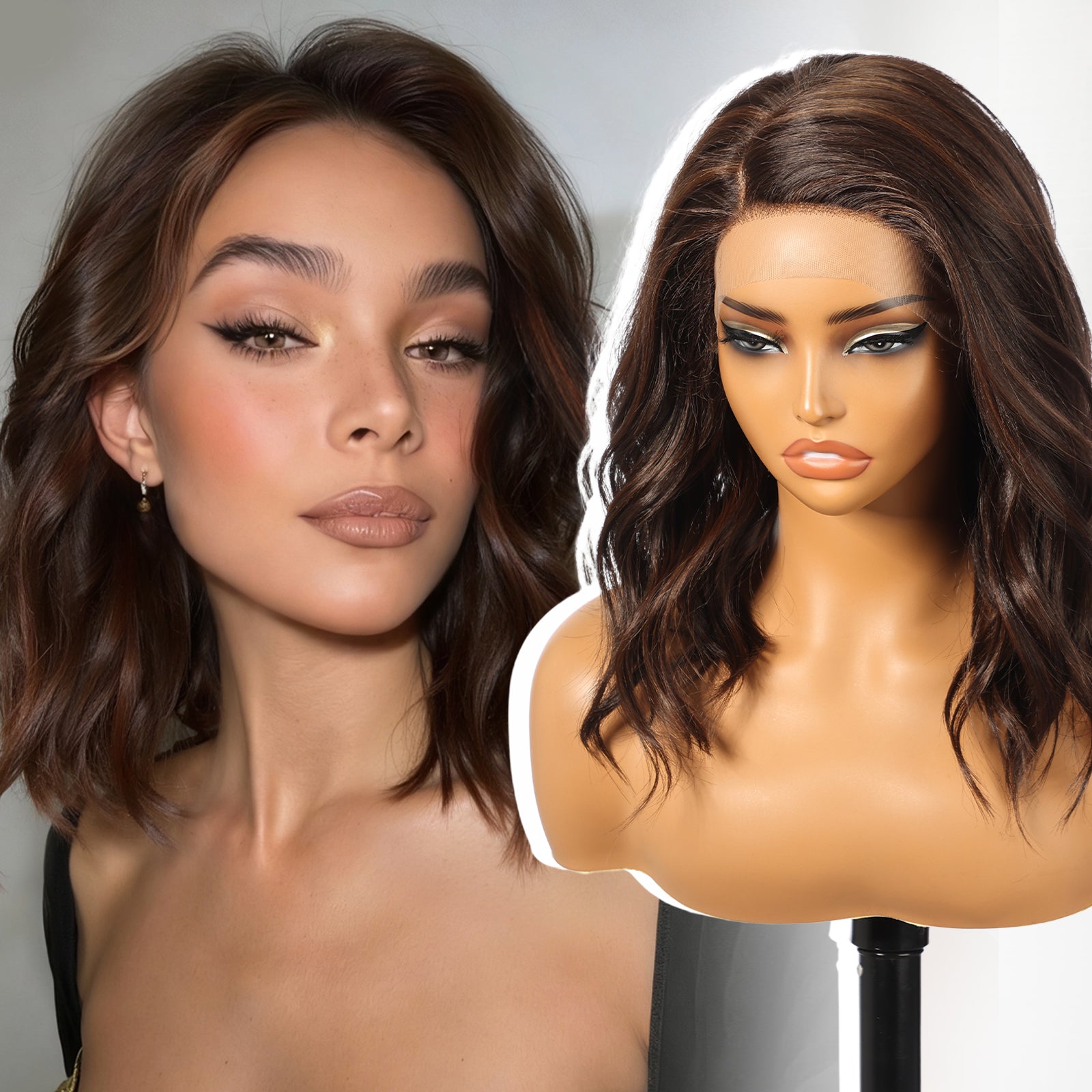 KOME Dark Brown Synthetic Lace Front Wig,Side Part Short Curly Bob Wig,Shoulder Length Wig for Women Daily Use 16IN