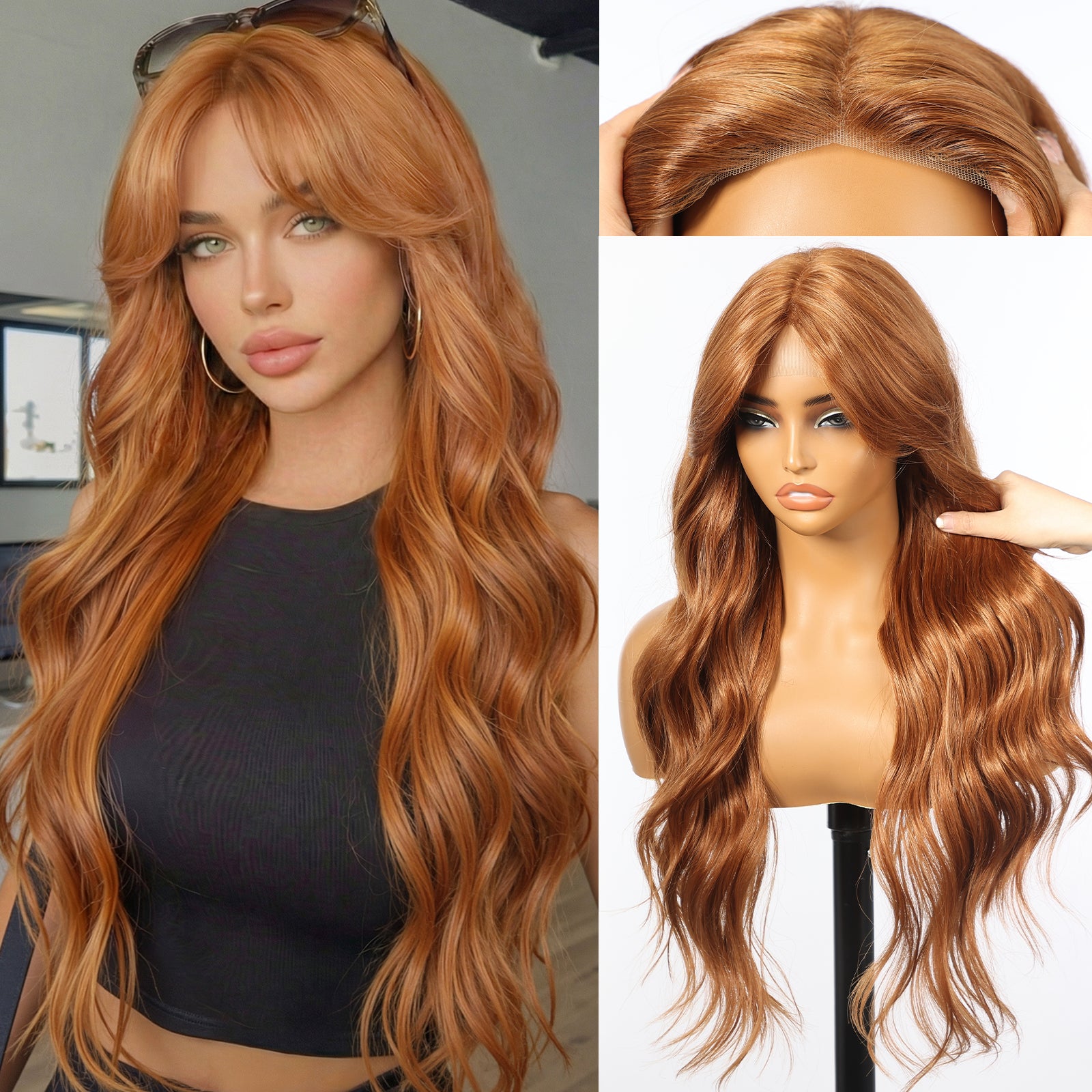 KOME Reddish Brown Synthetic Lace Front Wig,T Part Glueless Long Body Wavy Wigs With Bangs for Women Cosplay Daily Use 28IN
