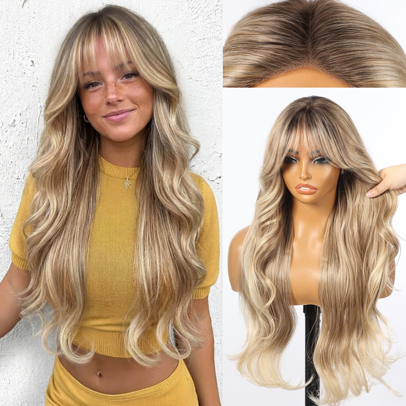 KOME Ombre Blonde Synthetic Lace Front Wig, T Part Glueless Layered Wavy Wigs With Bangs, Heat Resistant Wigs For Women Daily Party Use 26IN