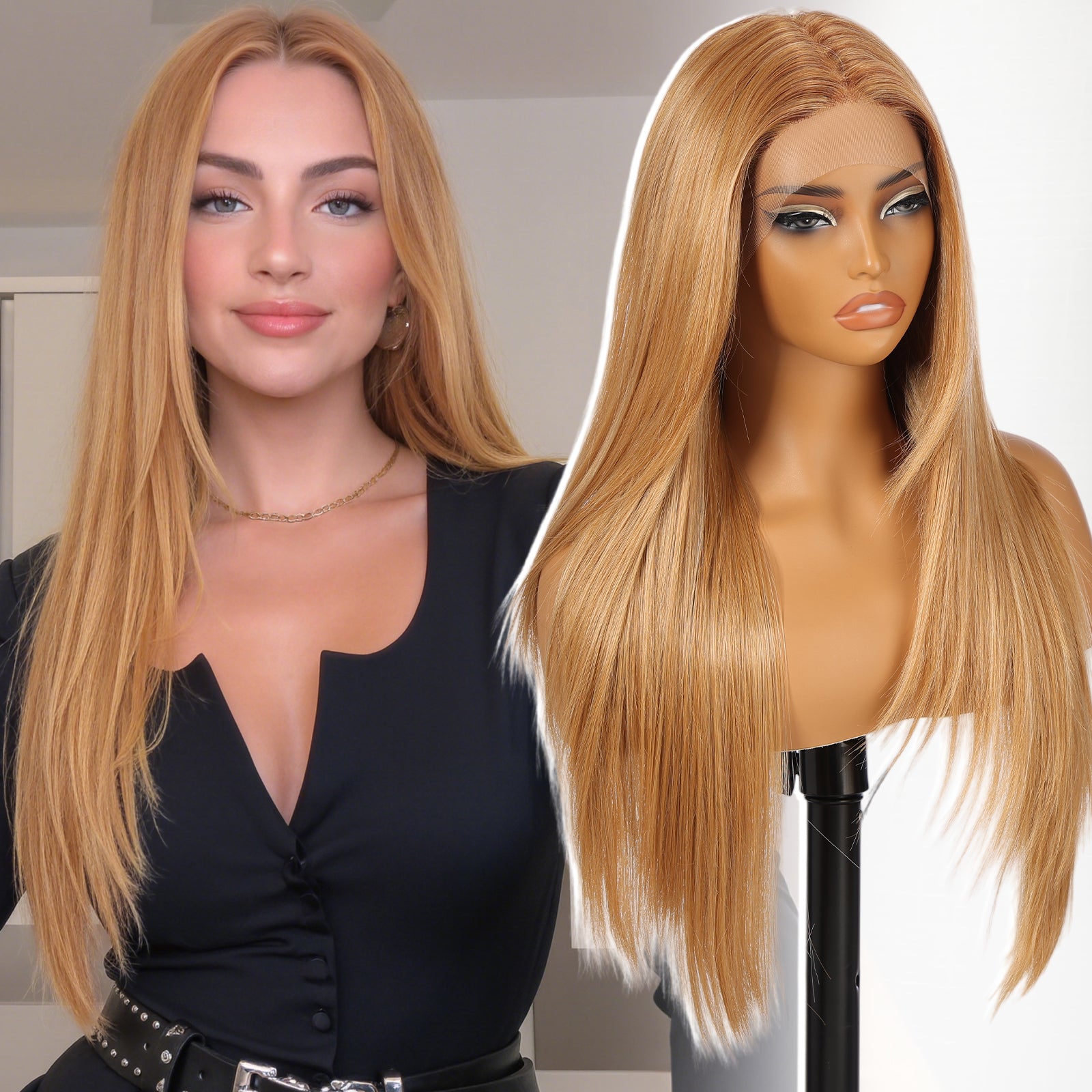 KOME Honey Blonde Synthetic Lace Front Wig,T Part Pre Cut Glueless Long Straight Layered Wigs for Women Cosplay Daily Use 26IN(#TT30/2761)