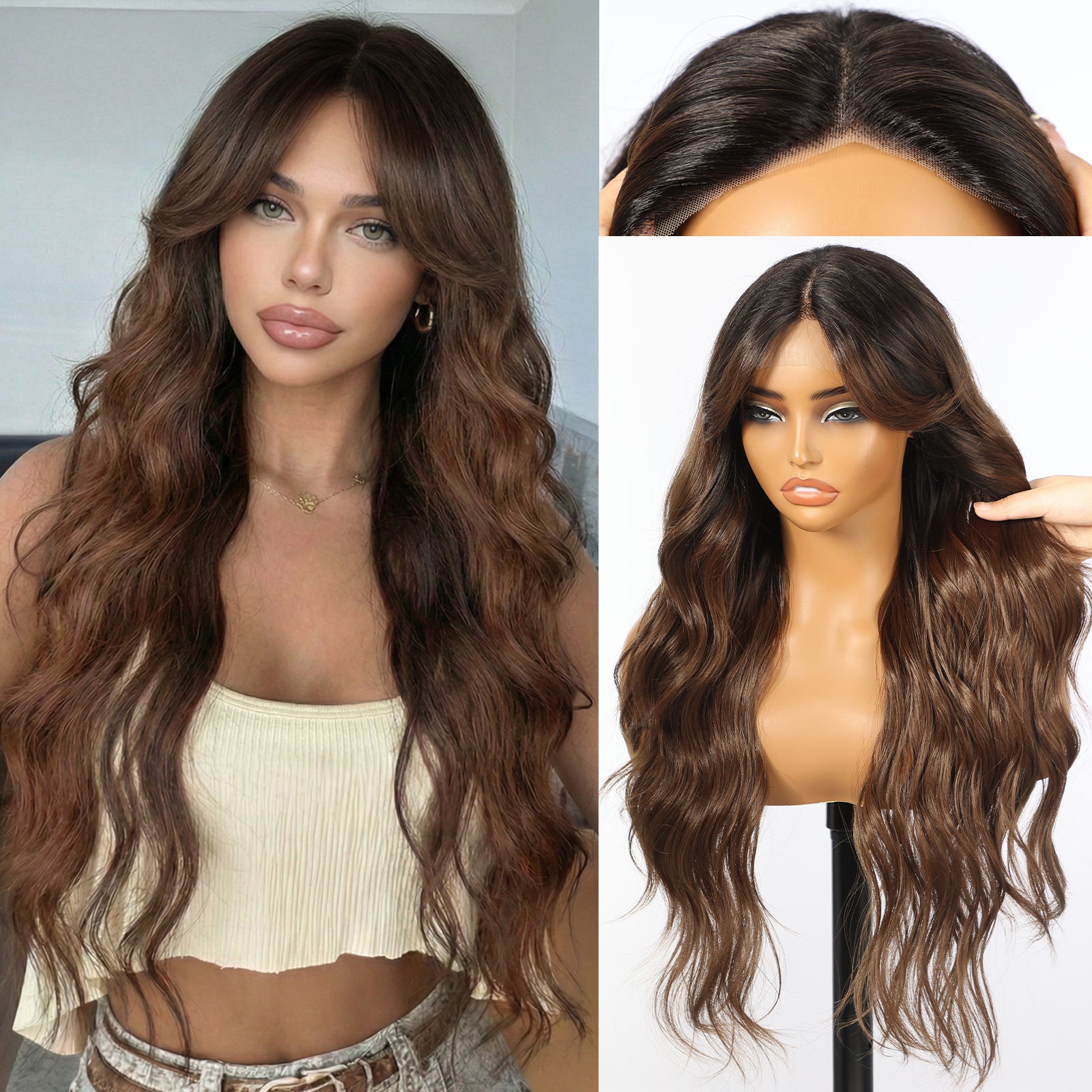 KOME Brown Highlight Synthetic Lace Front Wig,T Part Glueless Long Body Wavy Wigs With Bangs for Women Cosplay Daily Use 28IN(#TT30/2761)