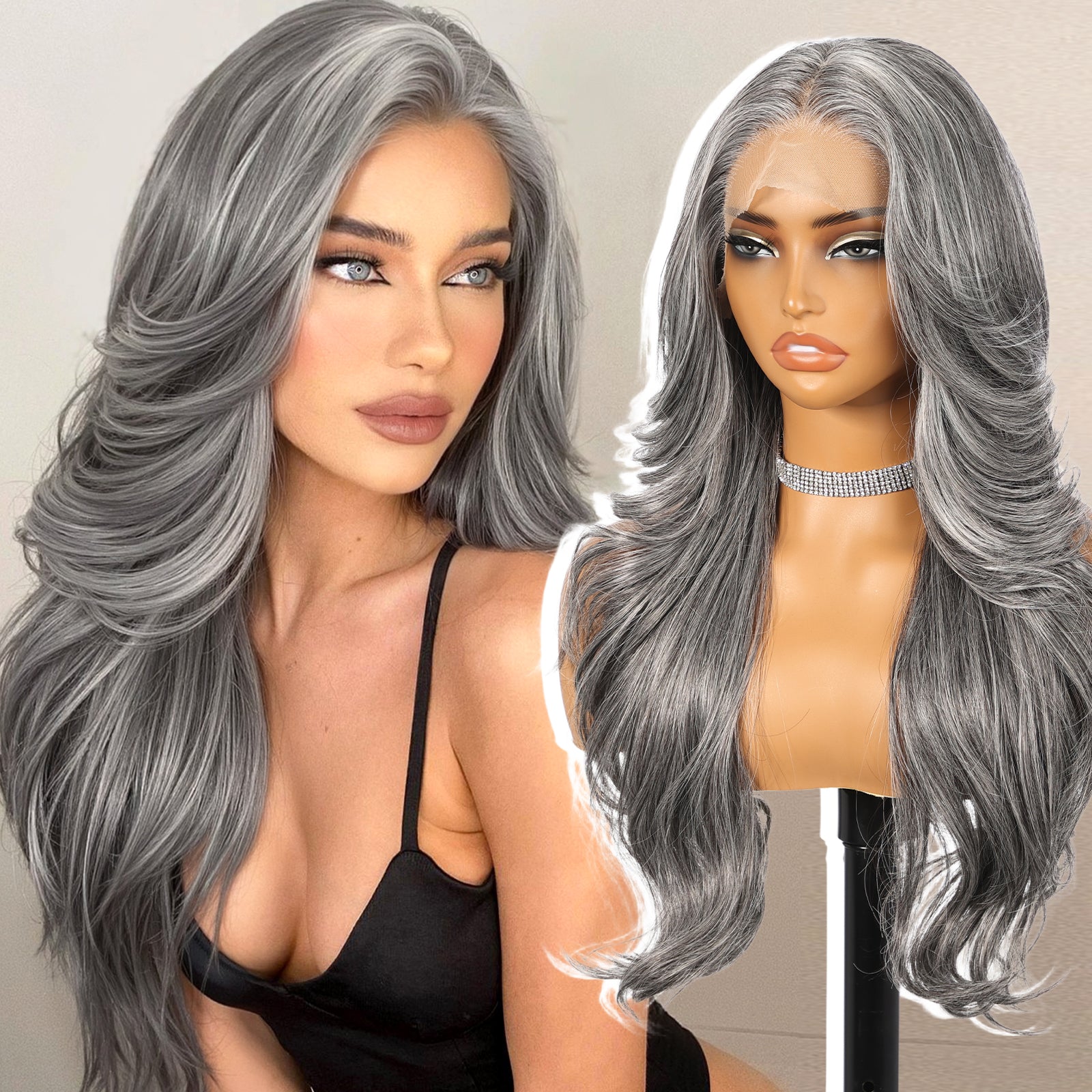 Grey Synthetic Lace Front Wig,13x4 HD Lace Long Layered Wave Glueless Wigs for Women Daily Use 26IN