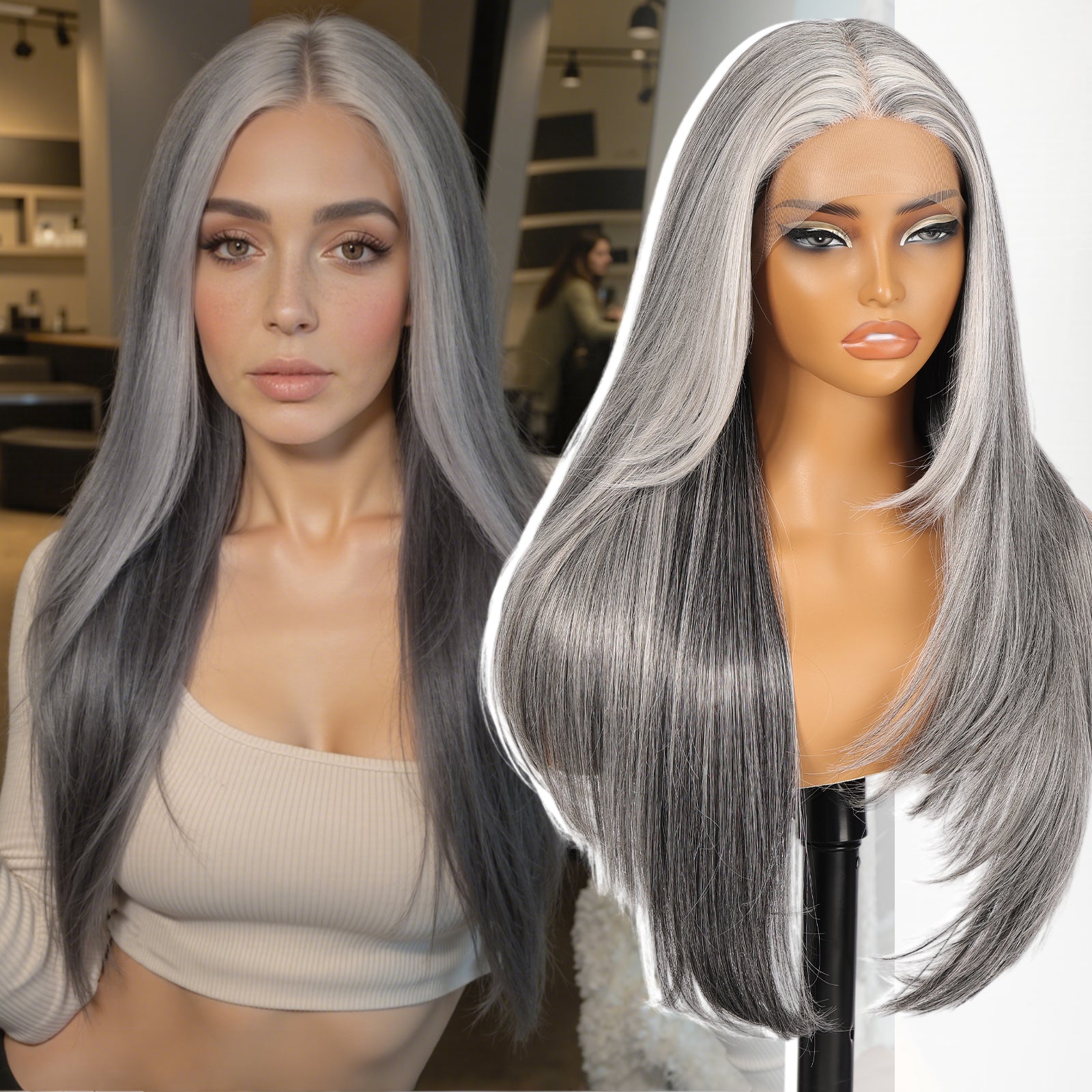 KOME Grey Synthetic Lace Front Wig,T Part Pre Cut Glueless Long Straight Layered Wigs for Women Cosplay Daily Use 26IN(#2/606HL)
