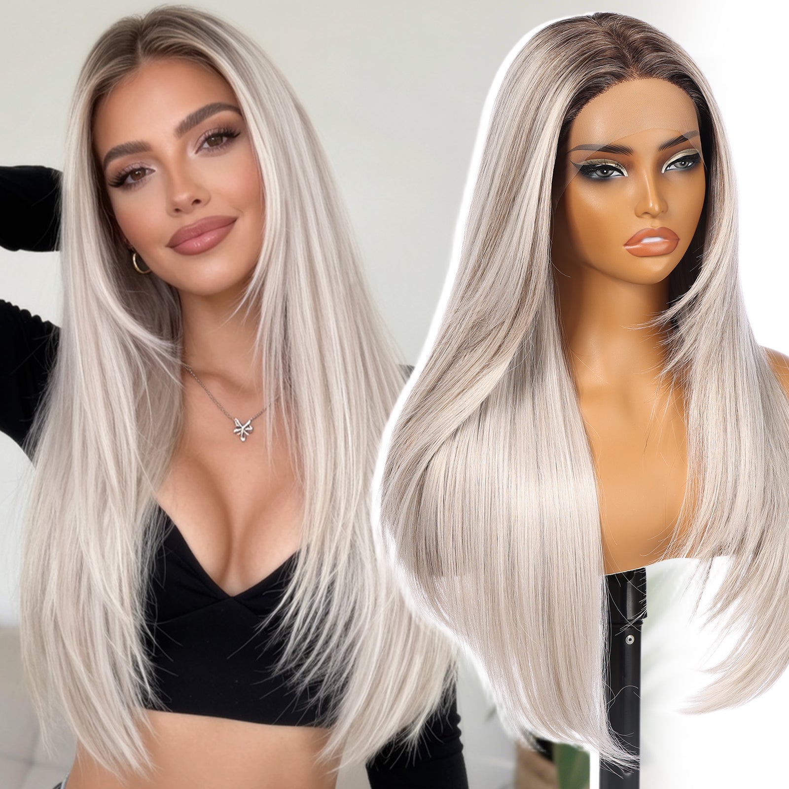 KOME Platinum Blonde Synthetic Lace Front Wig,T Part Pre Cut Glueless Long Straight Layered Wigs for Women Cosplay Daily Use 26IN(#TT6/4603)