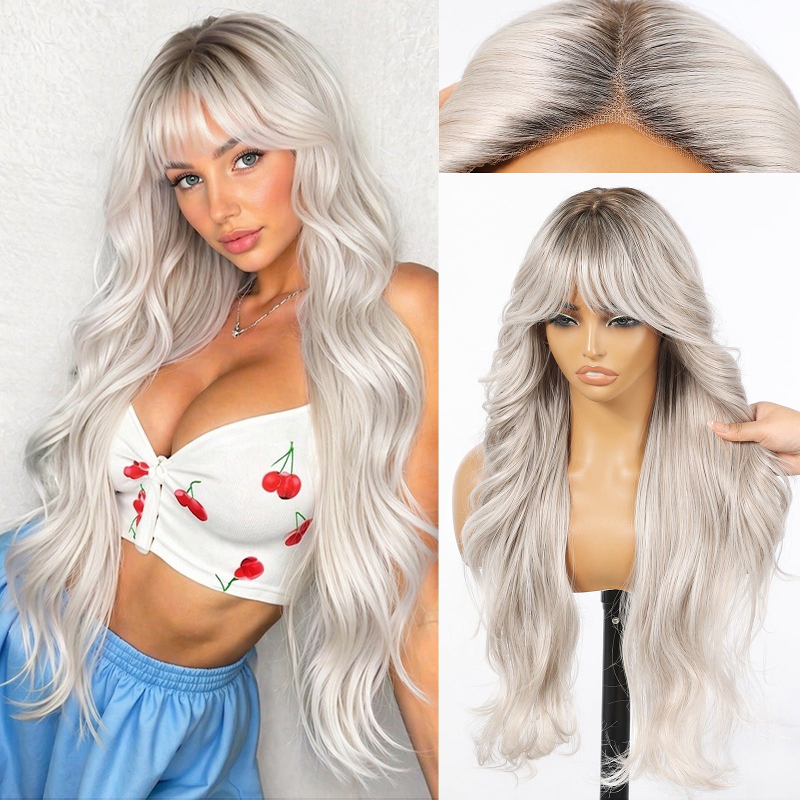 KOME Platinum Blonde Synthetic Lace Front Wig,T Part Glueless Layered Wavy Wigs With Bangs, Heat Resistant Wigs For Women Daily Party Use 26IN