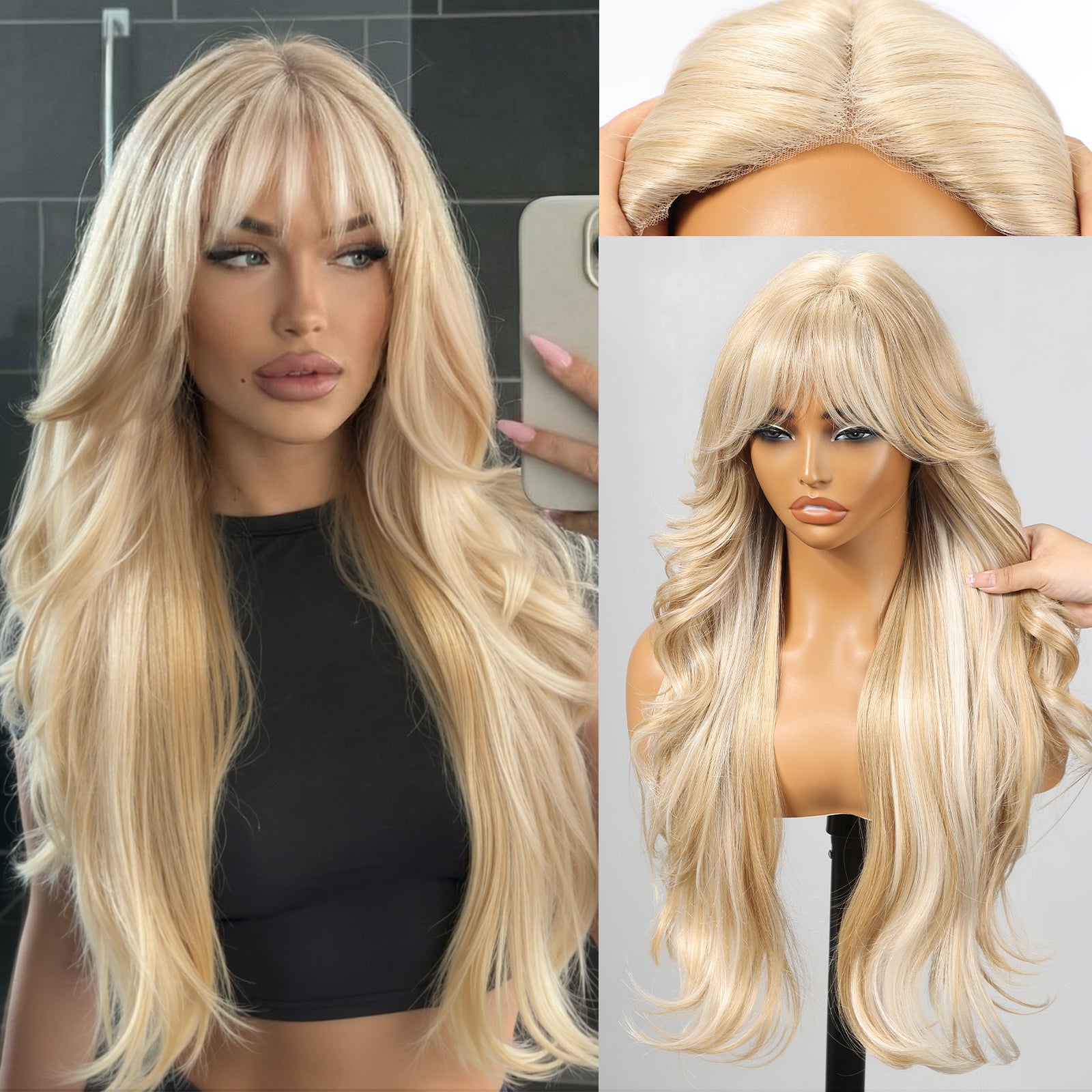 KOME Blonde Synthetic Lace Front Wig, T Part Glueless Layered Wavy Wigs With Bangs, Heat Resistant Wigs For Women Daily Party Use 26IN