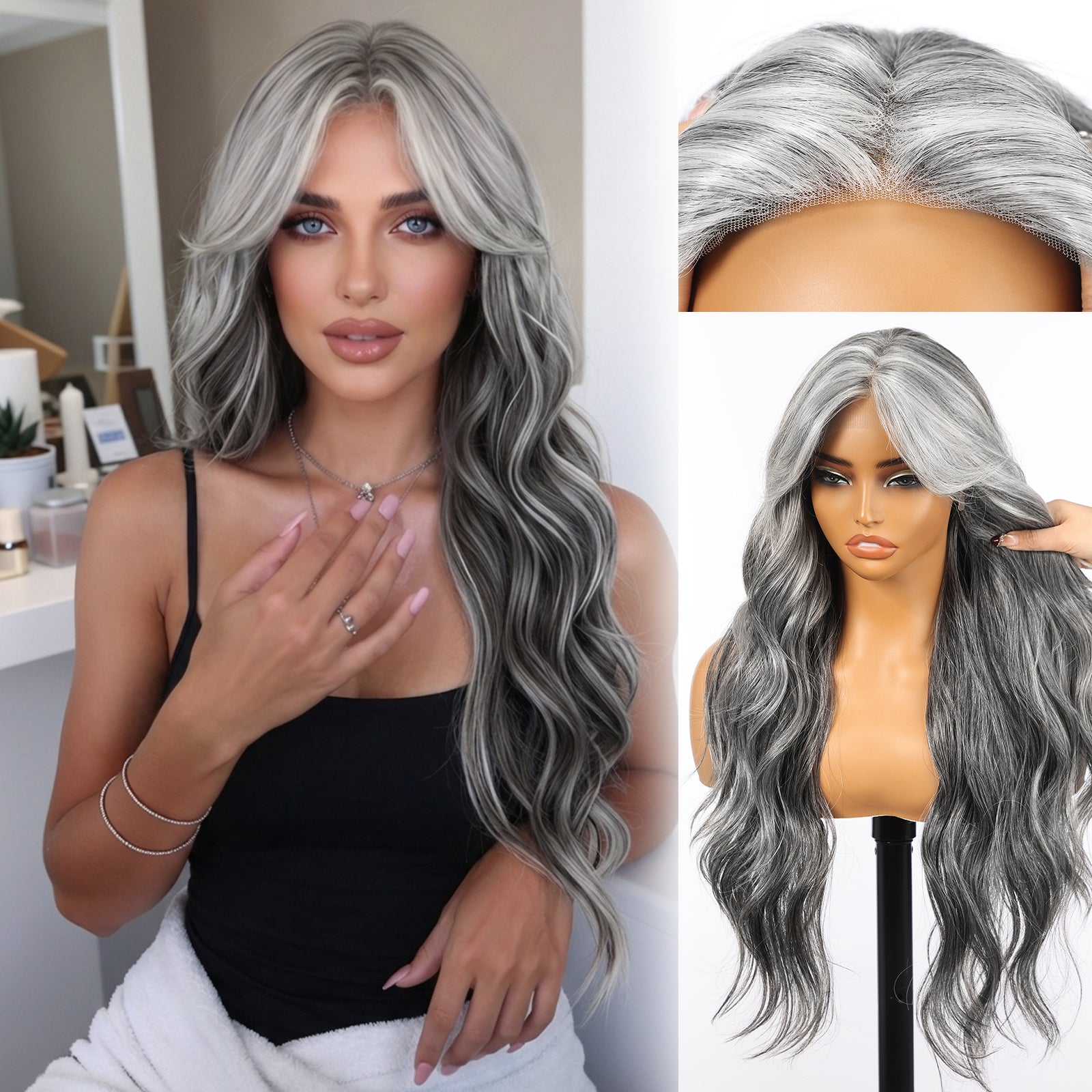KOME Grey Synthetic Lace Front Wig,T Part Glueless Long Body Wavy Wigs With Bangs for Women Cosplay Daily Use 28IN(#2/606HL)