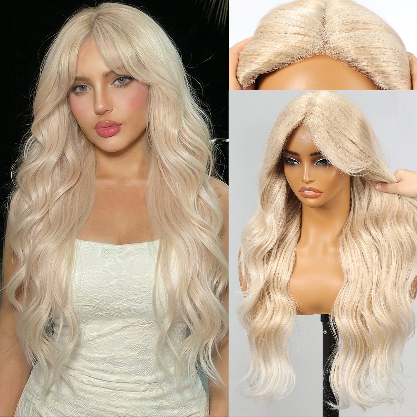 KOME Blonde Synthetic Lace Front Wig,T Part Glueless Long Body Wavy Wigs With Bangs for Women Cosplay Daily Use 28IN(#R10119)