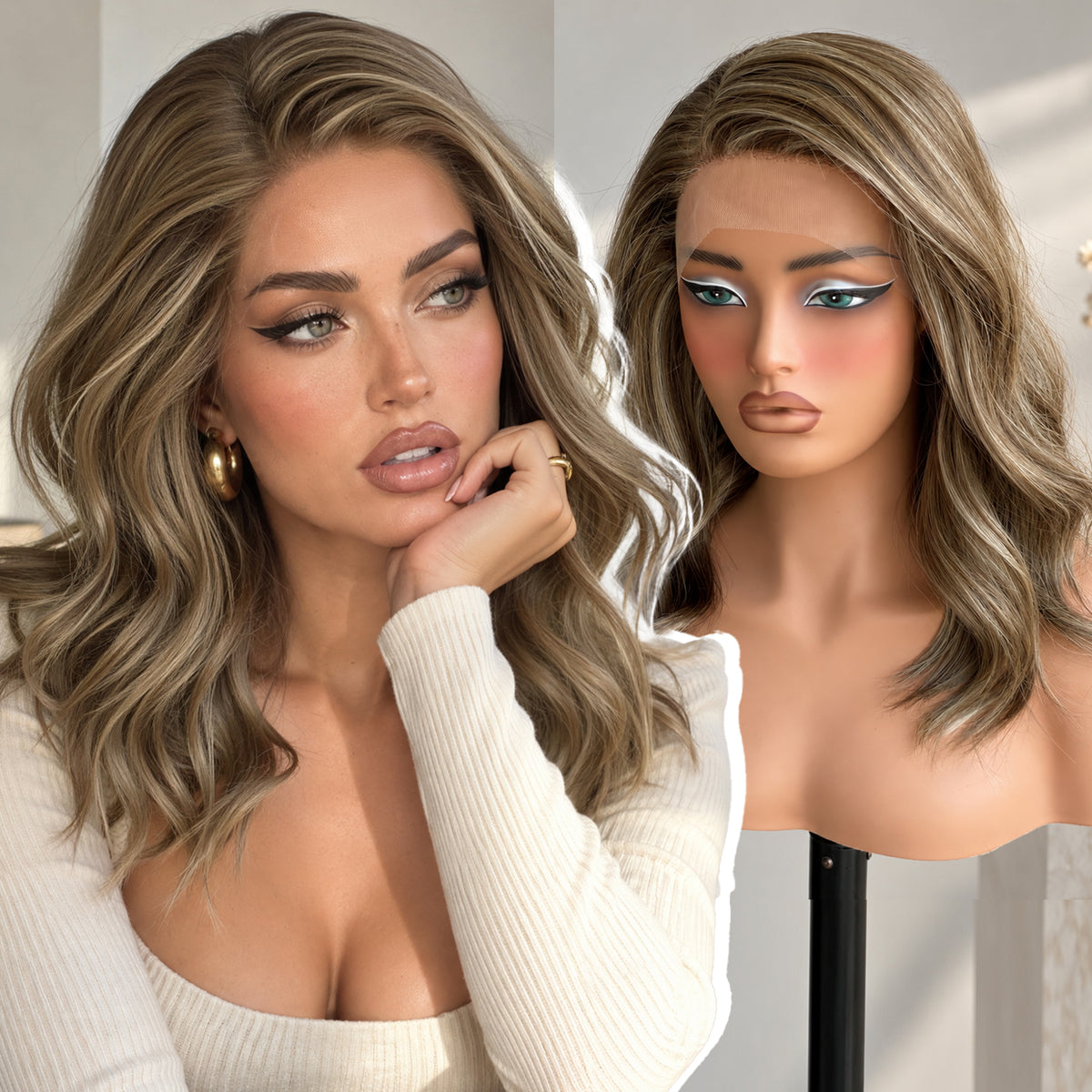 KOME Ash Blonde Synthetic Lace Front Wig,T Part Short Curly Bob Wig,Shoulder Length Wig for Women Daily Use 16IN