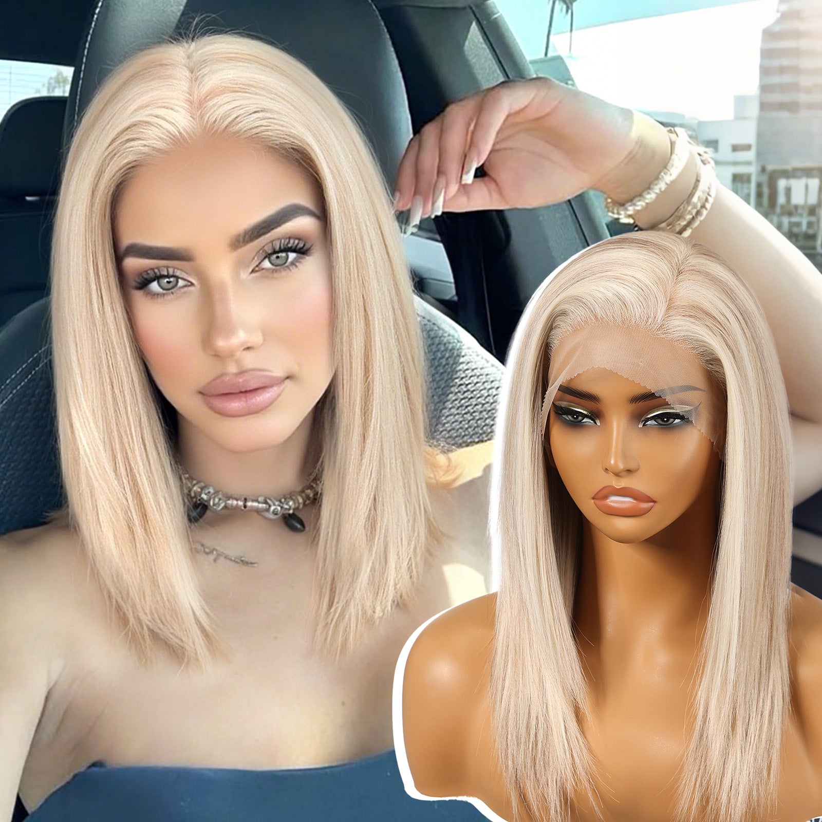 KOME Blonde Synthetic Lace Front Wig, Shoulder Length 13x6 HD Lace Layered Straight Glueless Wigs for Women Daily Use 16IN