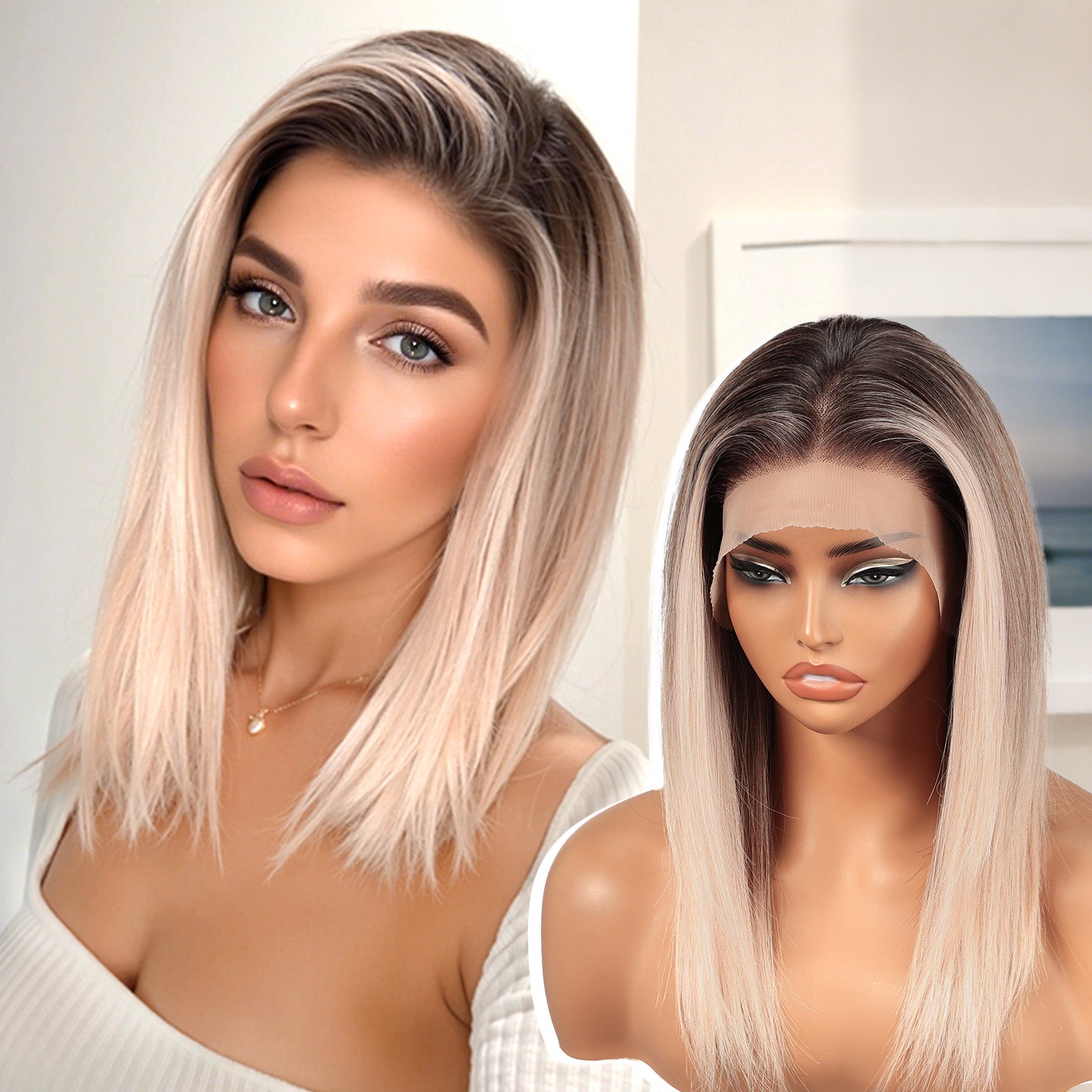KOME Ombre Blonde Synthetic Lace Front Wig, Shoulder Length 13x6 HD Lace Layered Straight Glueless Wigs for Women Daily Use 16IN