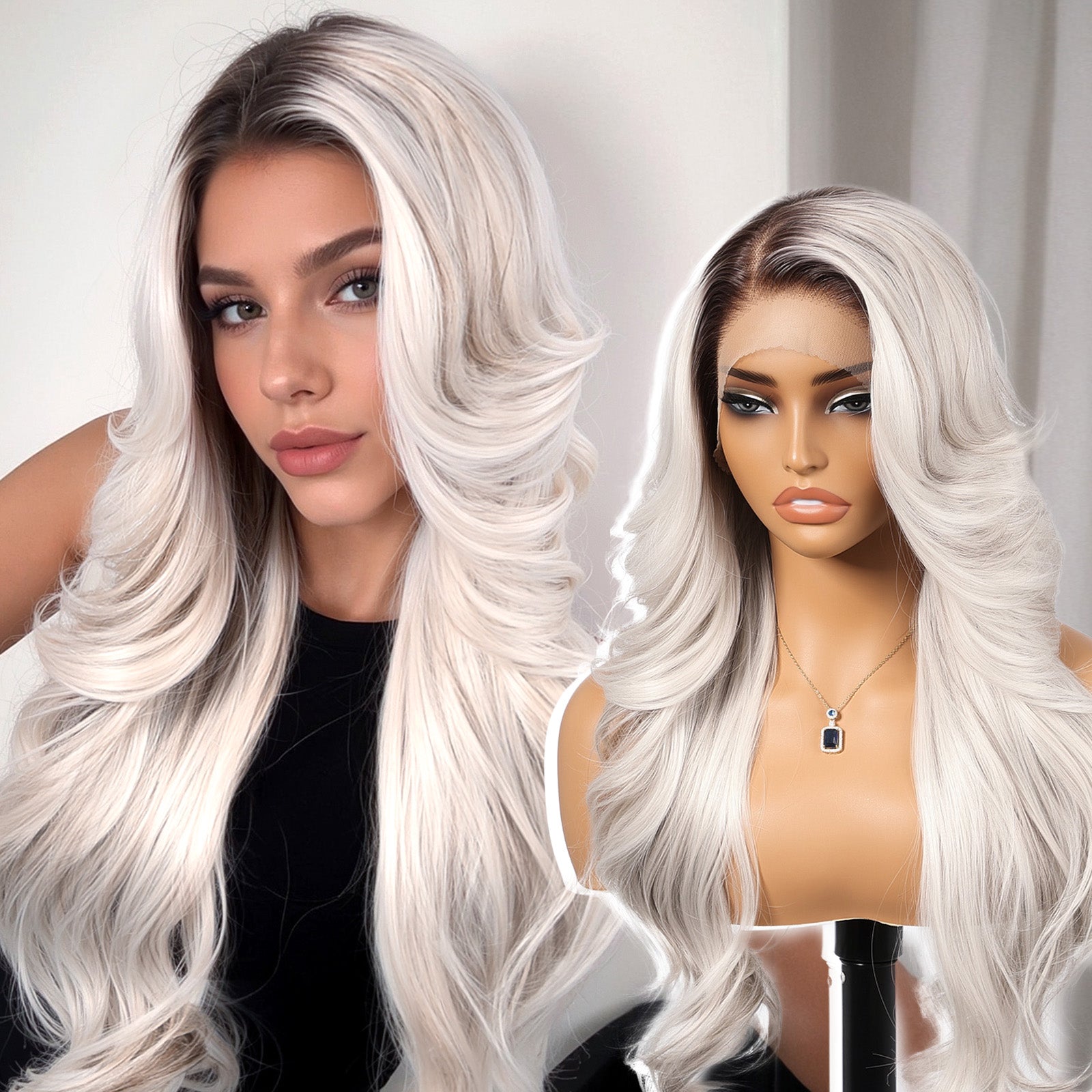 KOME Platinum Blonde Synthetic Lace Front Wig,13x4 HD Lace Layered Wave Glueless Wigs for Women Daily Use 26IN