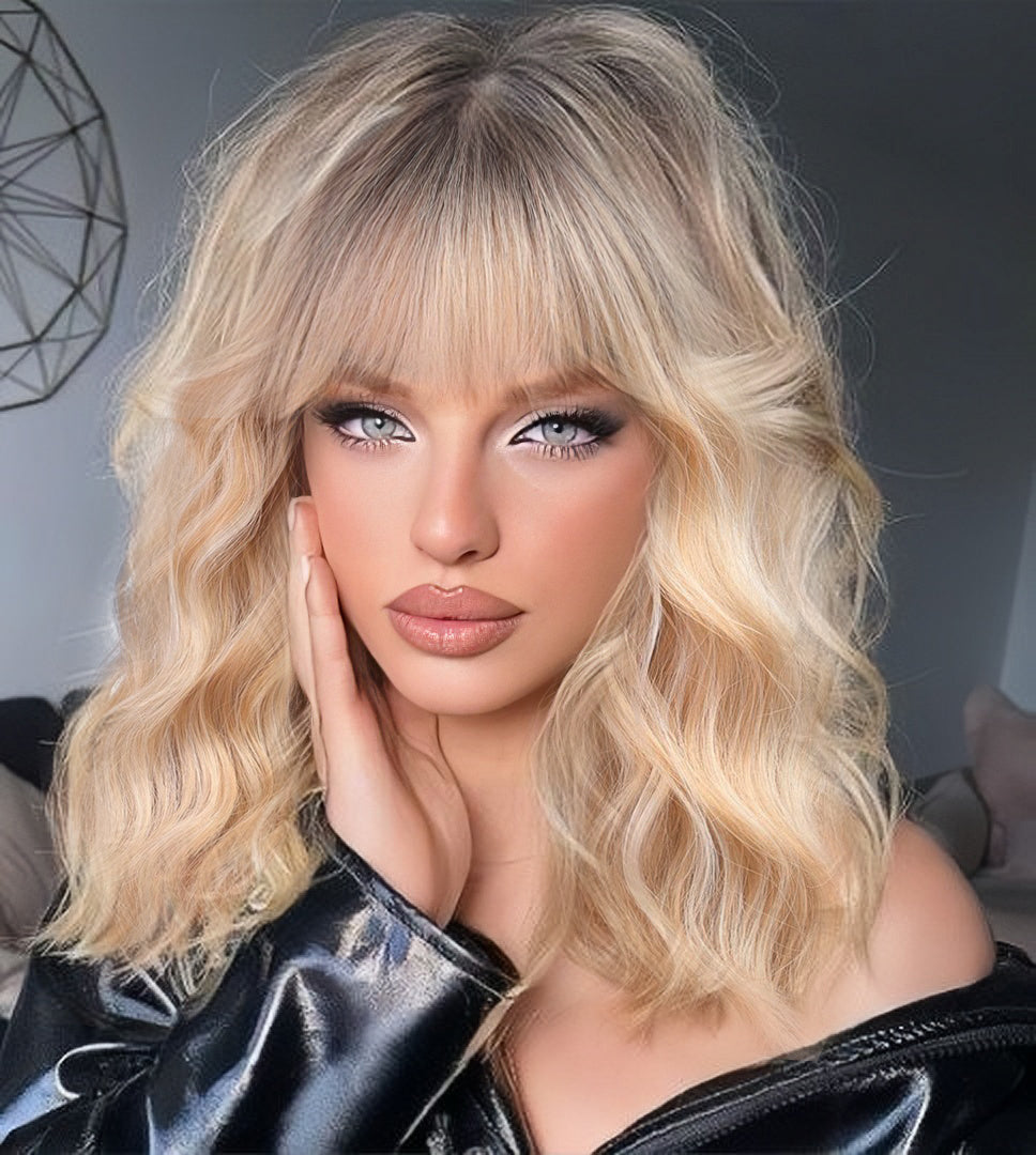 KOME Curly Bob Wig with Bangs Short Wavy Ombre Blonde Wigs for Women Lob Haircut Synthetic Heat Resistant Bob Wigs 14IN