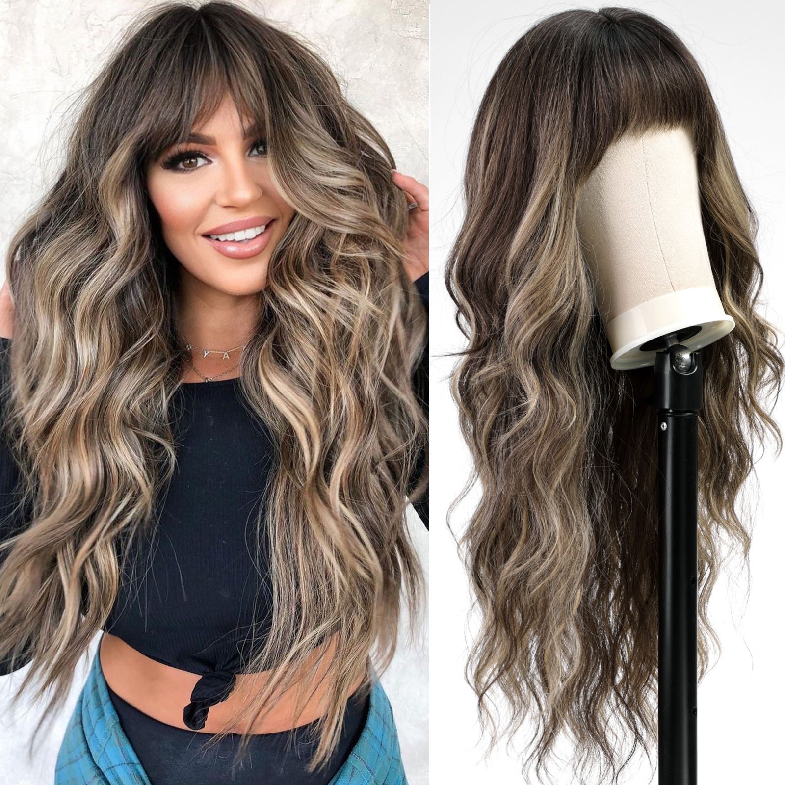 Ombre Brown Wigs with Bangs,Brown Highlight Long Wavy Wig for Women,Long Curly Wigs Synthetic Hair Wig for Party Cosplay Daily Use 26IN