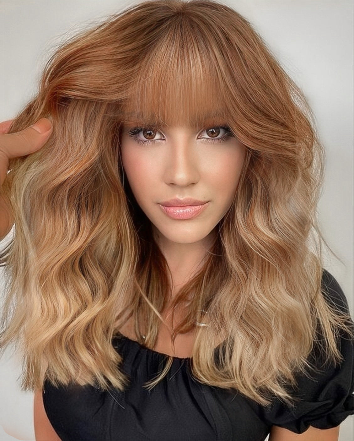 KOME Ombre Blonde Curly Bob Wig with Bangs Short Wavy Honey Blonde Wigs for Women Lob Haircut Synthetic Heat Resistant Bob Wigs 14IN