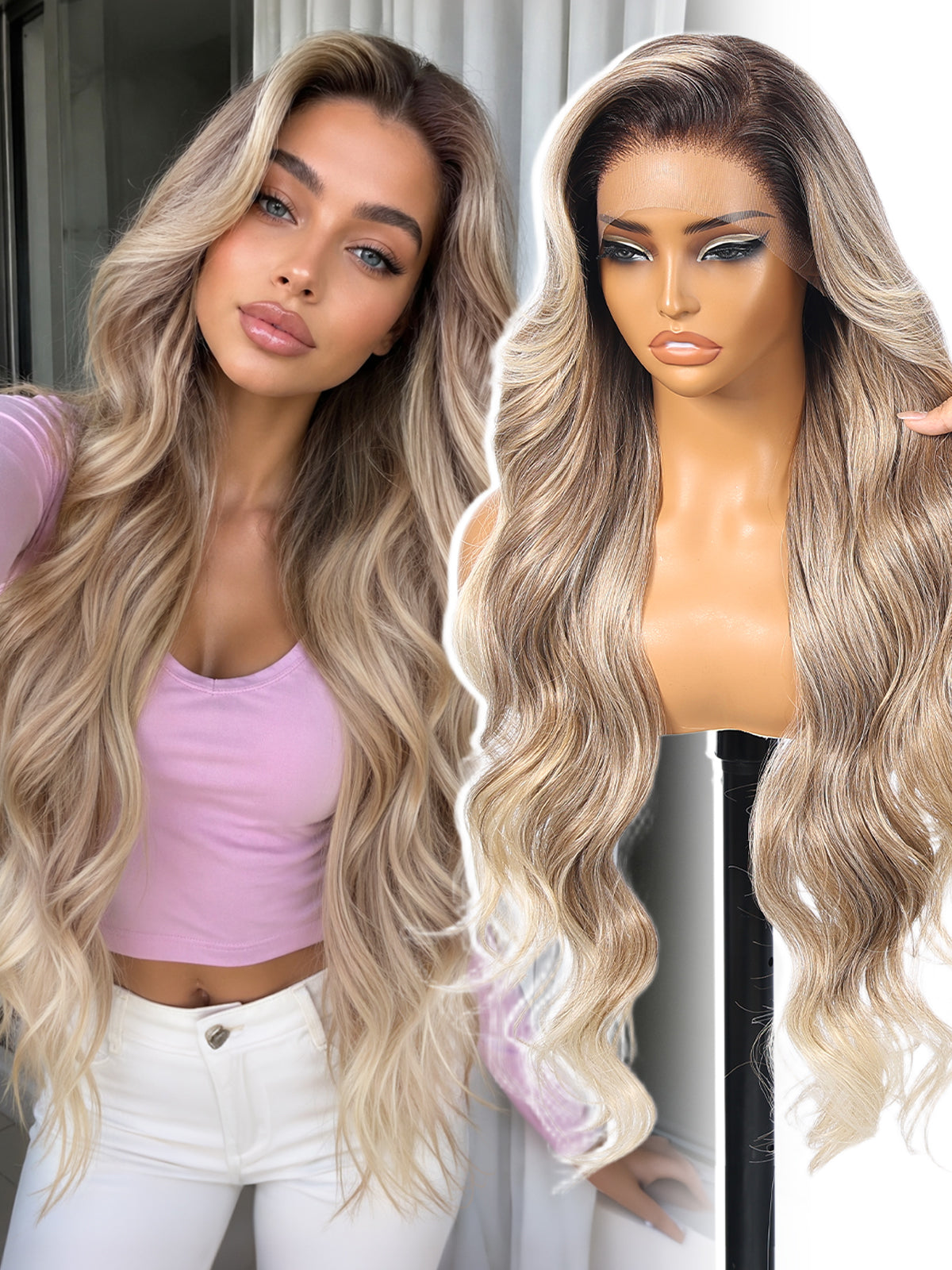 KOME Ombre Ash Blonde Synthetic Lace Front Wig,13x4 HD Lace Glueless Long Body Wavy Curly Wigs for Women Daily Party Use 30IN(#TT4/T2713)