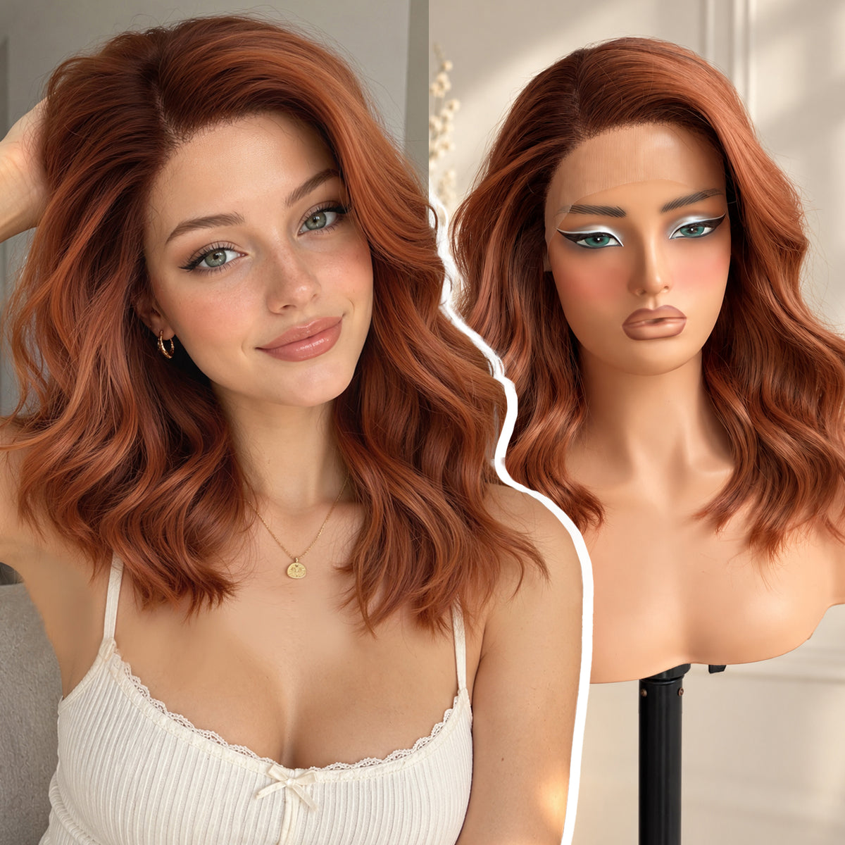 KOME Auburn Synthetic Lace Front Wig,Shoulder Length Short Glueless Bob Wig,T Part Ginger Curly Lace Wigs for Women Daily Use 16IN (#TT33/130B)