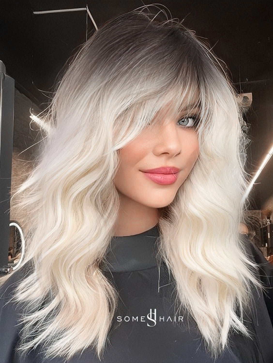 KOME White Curly Bob Wig with Bangs Short Wavy Ombre White Wigs for Women Lob Haircut Synthetic Heat Resistant Bob Wigs 14IN