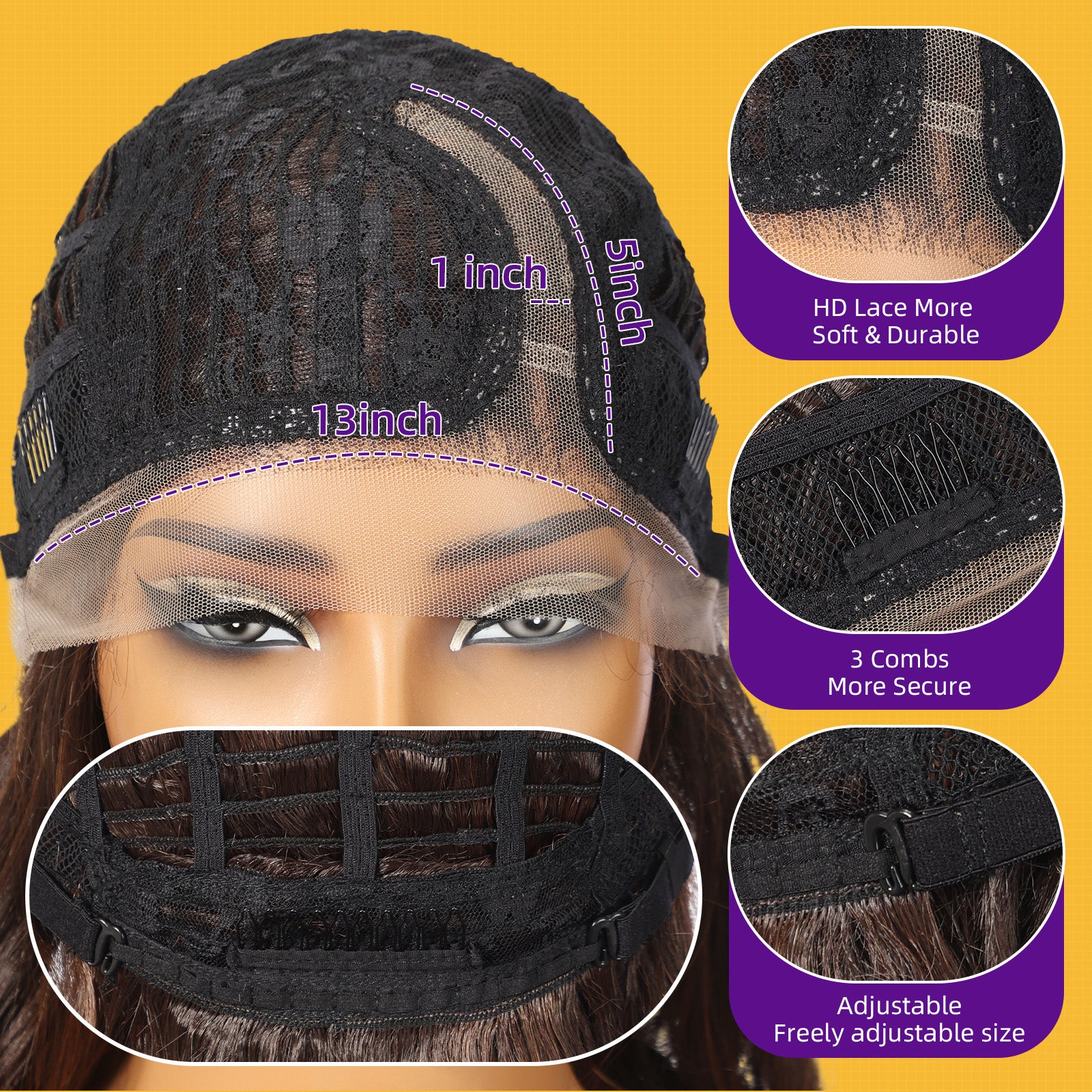 KOME Brown Highlight Synthetic Lace Front Wig,Side Part Short Curly Bob Wig,Shoulder Length Wig for Women Daily Use 16IN