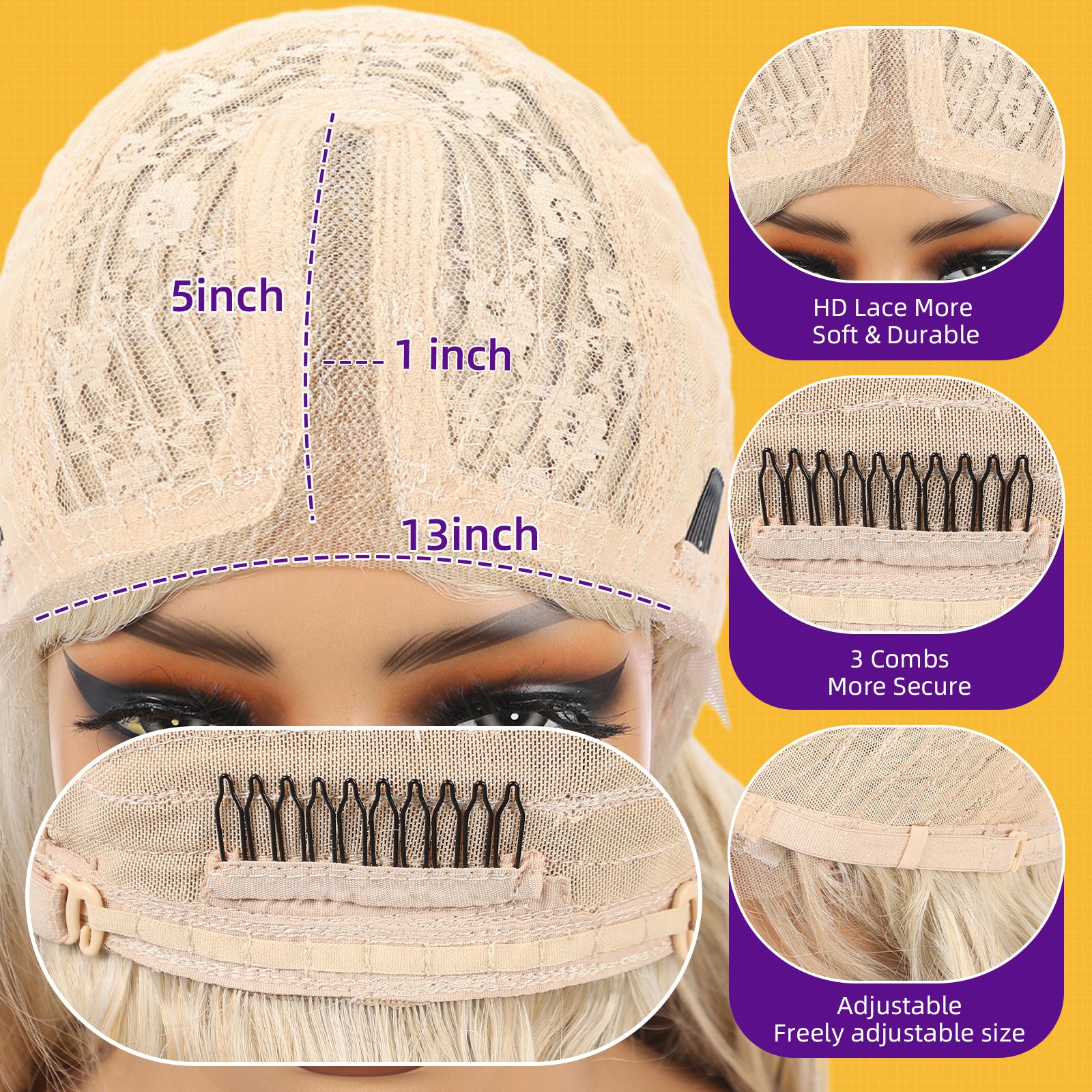 KOME Light Blonde Synthetic Lace Front Wig, T Part Glueless Layered Wavy Wigs With Bangs, Heat Resistant Wigs For Women Daily Party Use 26IN