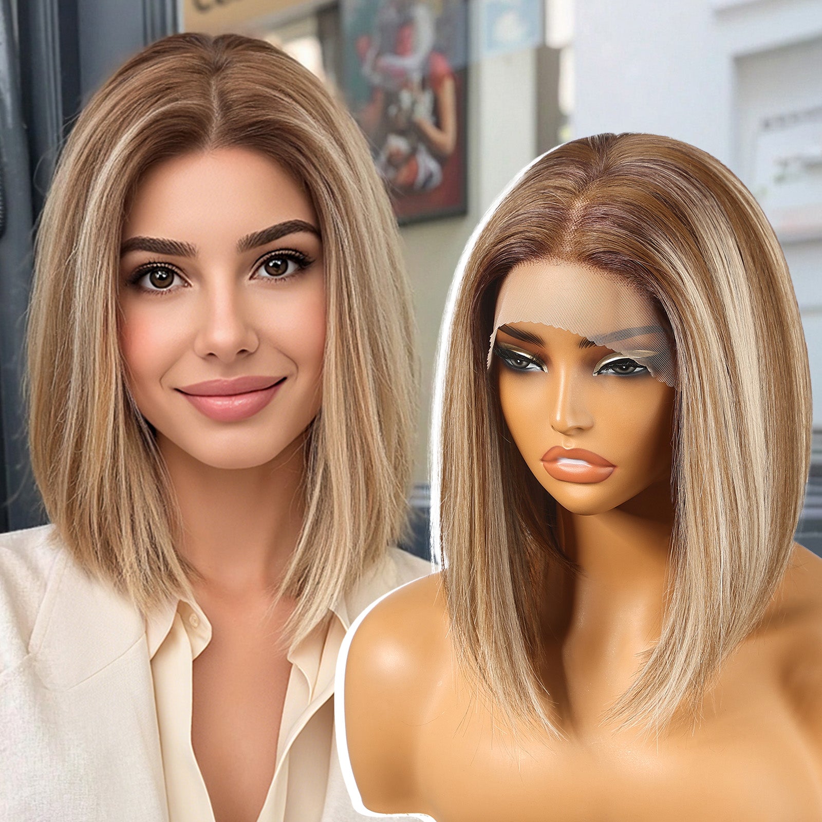 KOME Ash Blonde Synthetic Lace Front Wig,13×6 HD Straight Bob Wig for Women,Brown Short Layered Glueless Wigs for Women Daily Use 12IN（T6107F）