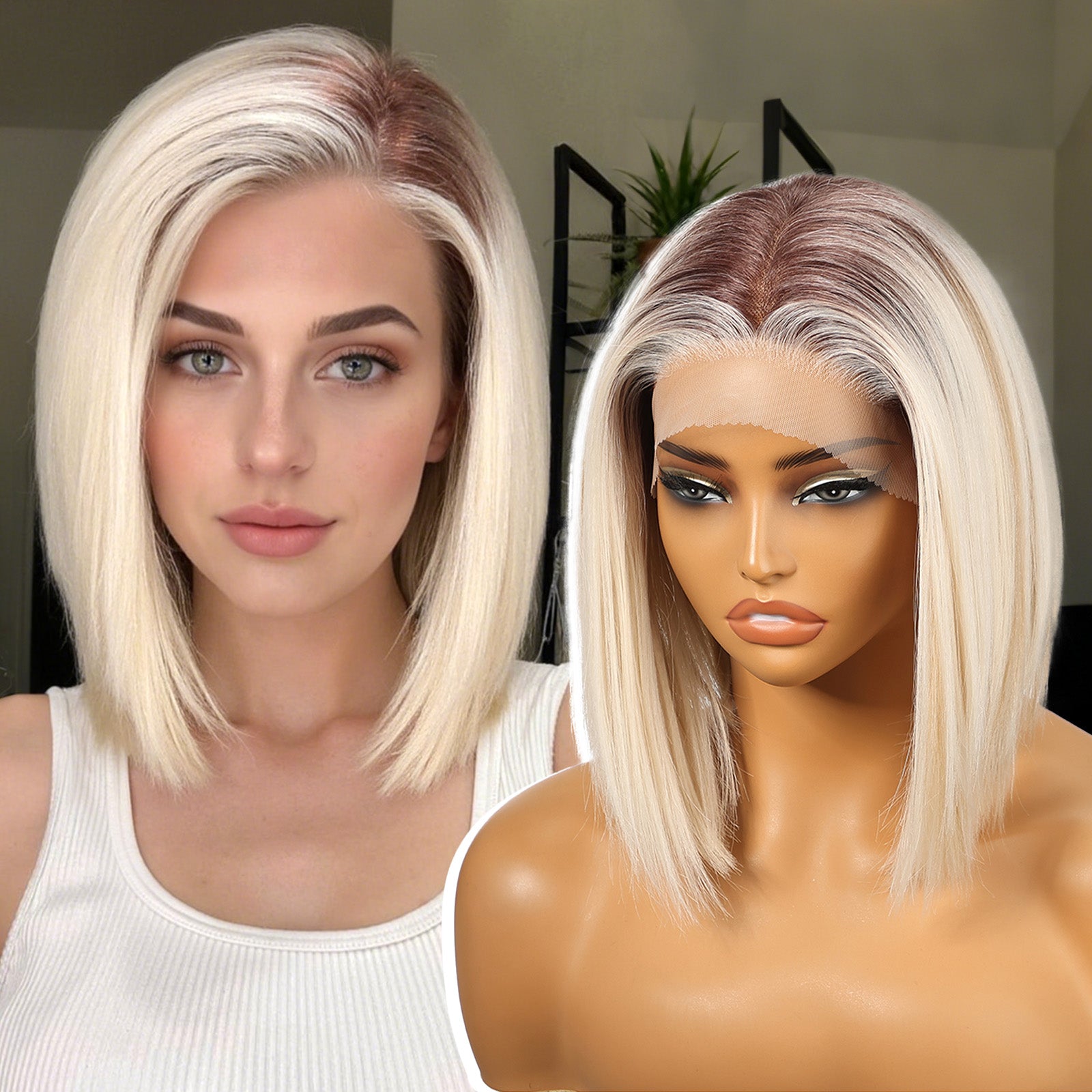 KOME Ombre Blonde Synthetic Lace Front Wig,13×6 Short Straight Glueless Bob Wigs for White Women Daily Use 10IN（TTF6/623）