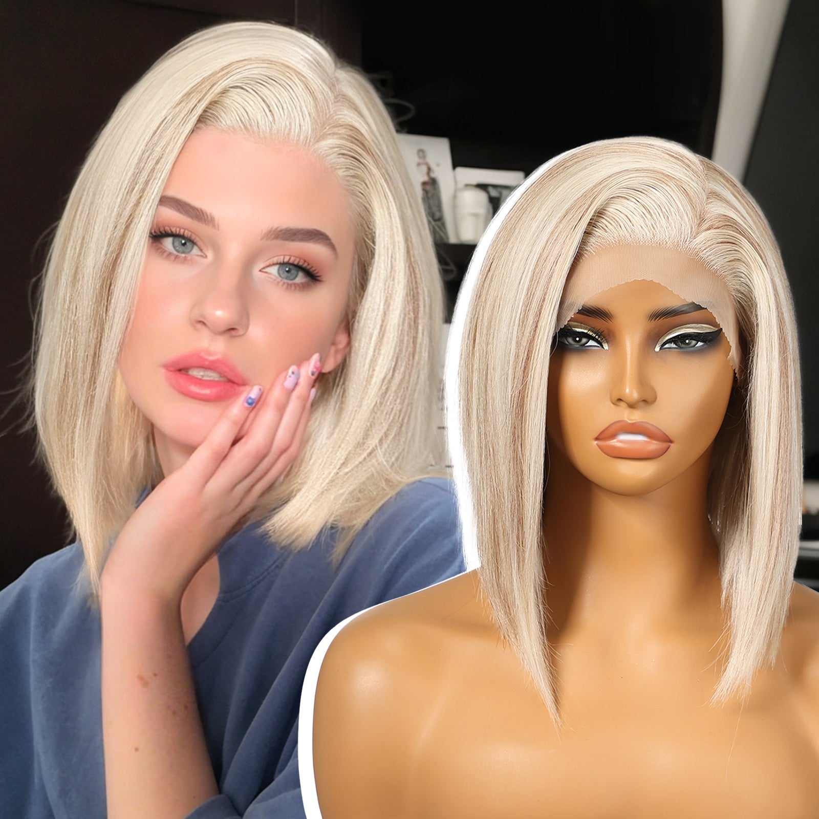 KOME Blonde Synthetic Lace Front Wig,13×6 Short Straight Glueless Bob Wigs for White Women Daily Use 10IN（#FDML）