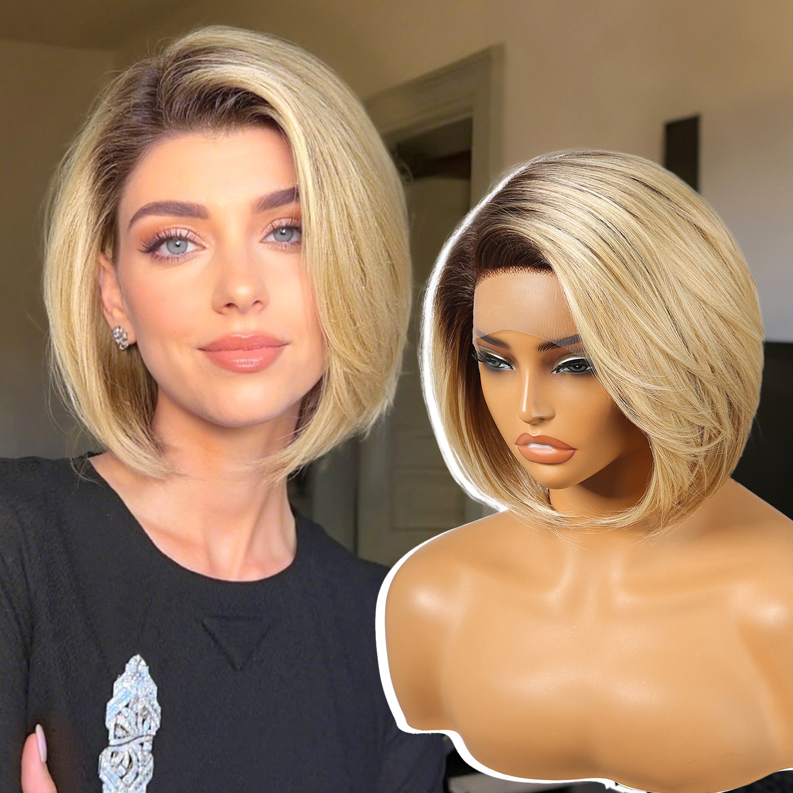 KOME Ombre Blonde Synthetic Lace Front Wig,Straight Bob Wig for White Women,Ash Blonde Short Layered Wigs,Side Part Glueless Lace Wigs for Women Daily Use 10IN (#OM6/FS1212)