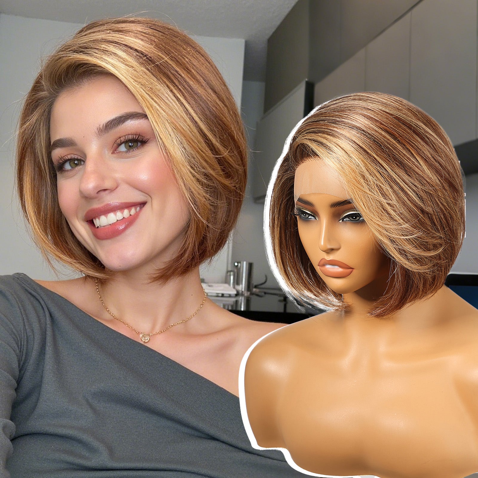 KOME Brown mix Blonde Highlight Synthetic Lace Front Wig,Side Part Short Straight Glueless Bob Wig for White Women Daily Use 10IN (#TT4/243)