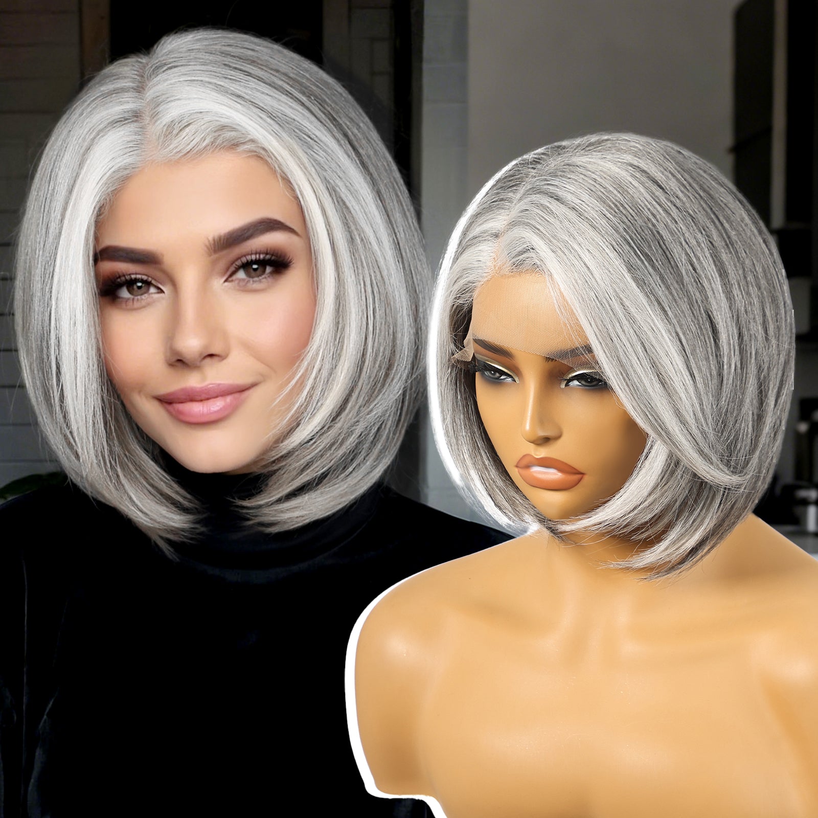 KOME Grey Synthetic Lace Front Wig,Silver Side Part Short Straight Glueless Bob Wigs for White Women Daily Use 10IN (#2/60HL)