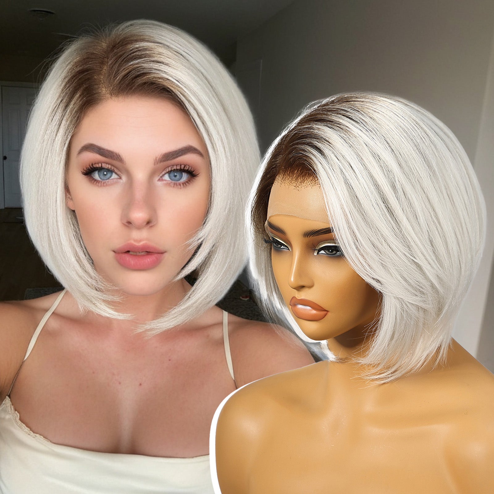 KOME Ombre Platinum Blonde Synthetic Lace Front Wig,Side Part Short Straight Glueless Bob Wig for White Women Daily Use 10IN (#TT6/1001GS)