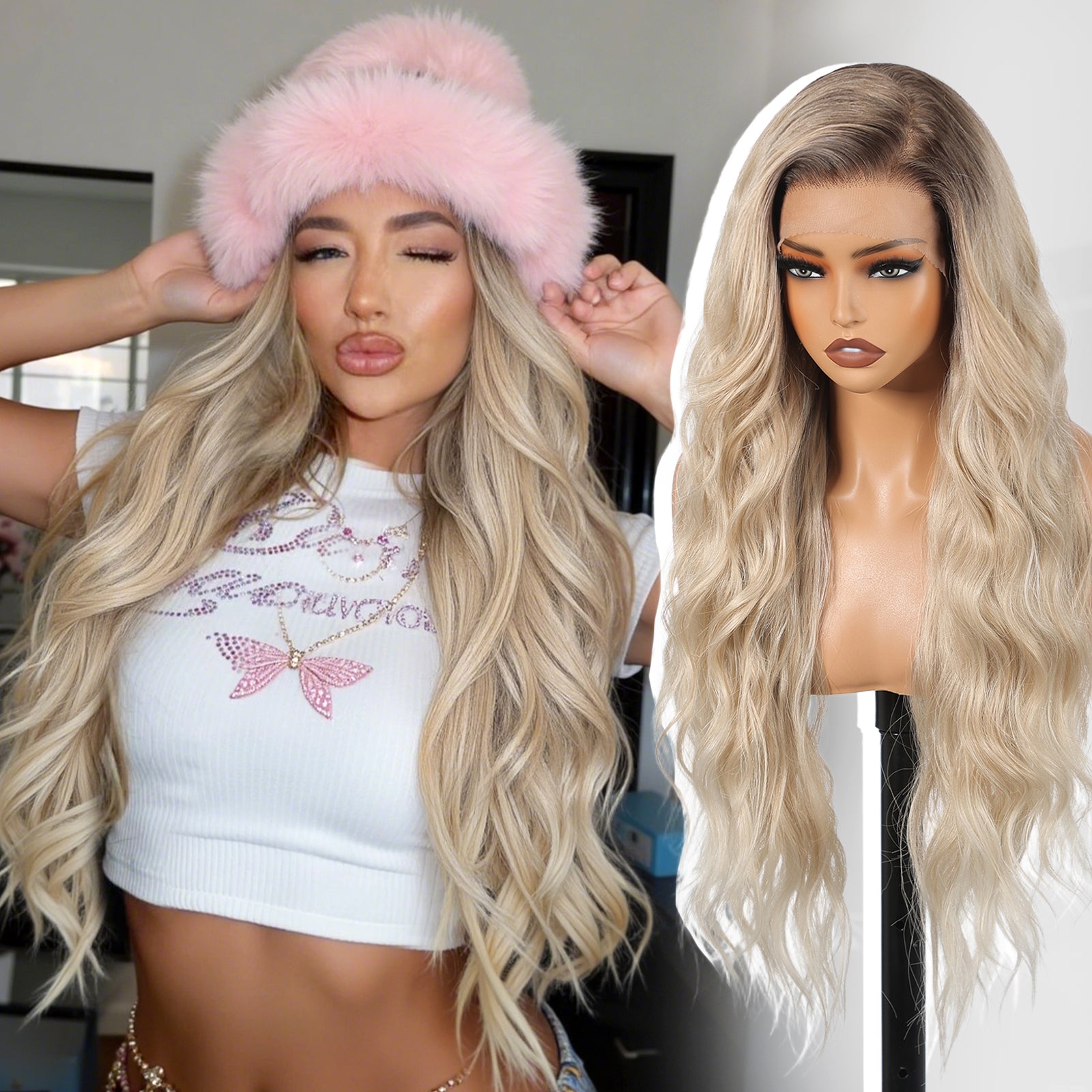 Ombre Light Blonde Synthetic Lace Front Wig,13×6 Curly Glueless Wigs for Women Daily Use 30IN