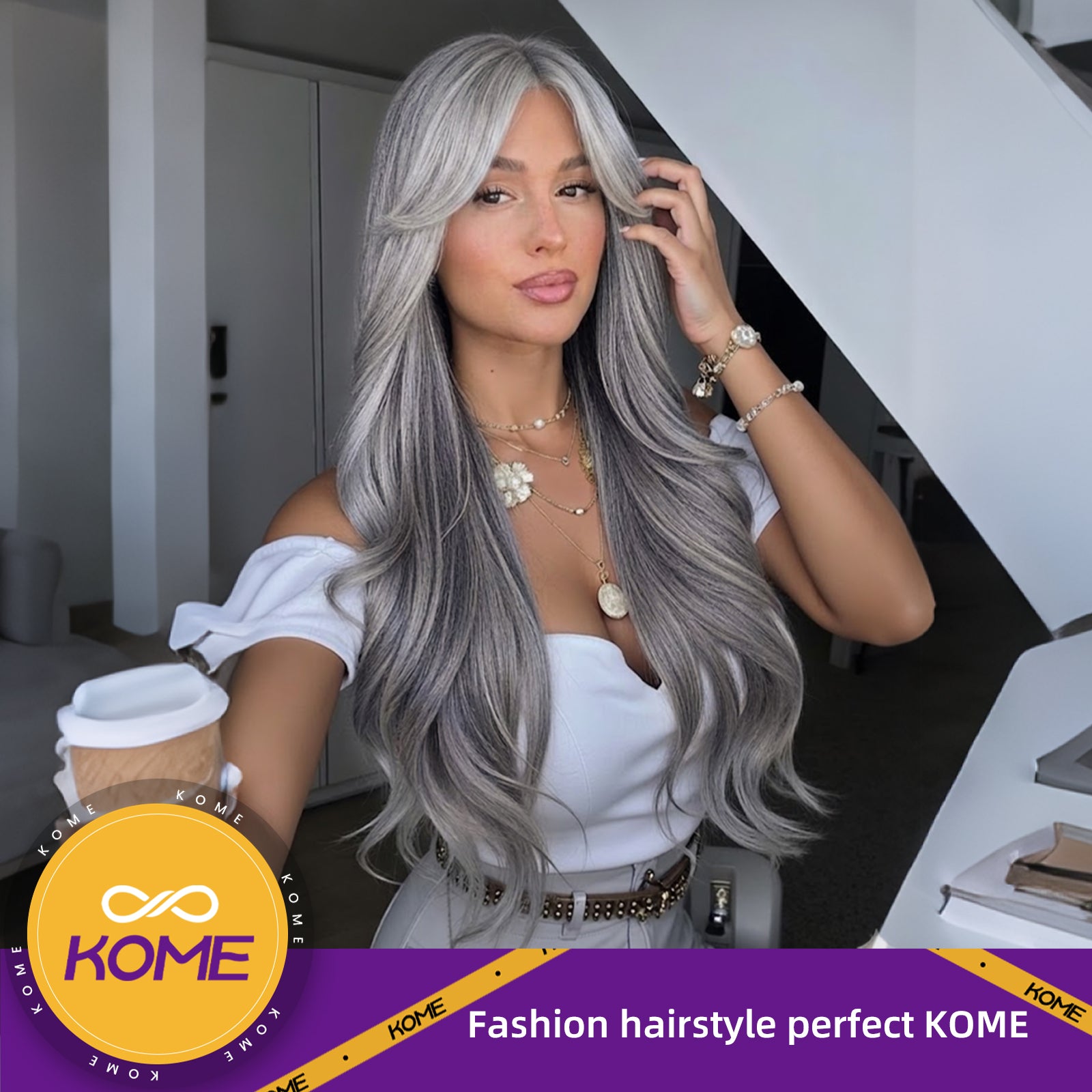 KOME Grey Synthetic Lace Front Wig, T Part Glueless Layered Wavy Wigs With Bangs, Heat Resistant Wigs For Women Daily Party Use 26IN