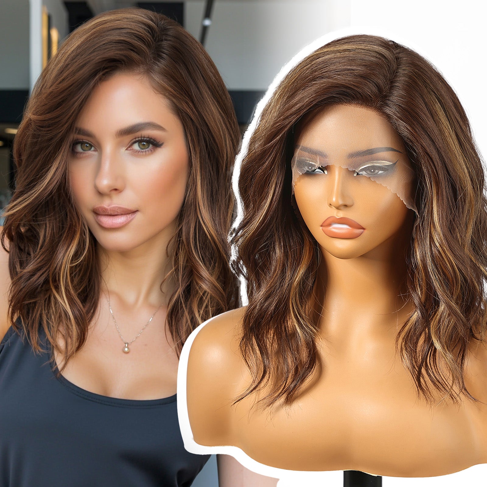 KOME Brown Highlight Synthetic Lace Front Wig,Short Curly Bob Wig,Shoulder Length Wig for Women Daily Use 14IN