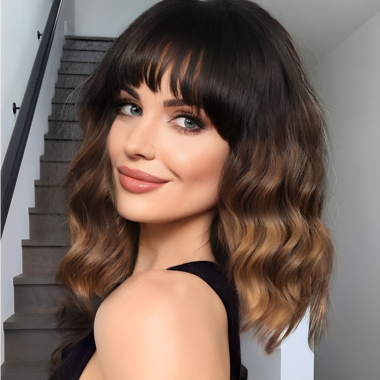 KOME Curly Bob Wig with Bangs Short Wavy Ombre Brown Wigs for Women Bob Style Synthetic Heat Resistant Bob Wigs 14IN