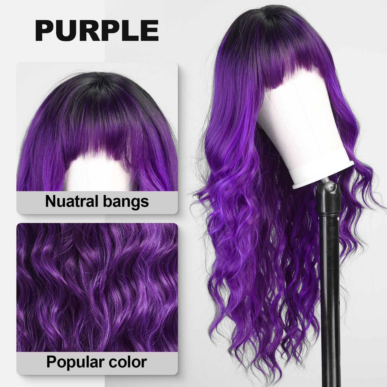 Purple Wigs with Bangs,Long Purple Wig for Women,Long Curly Wigs Synthetic Hair Wig for Party Cosplay Daily Use 26IN