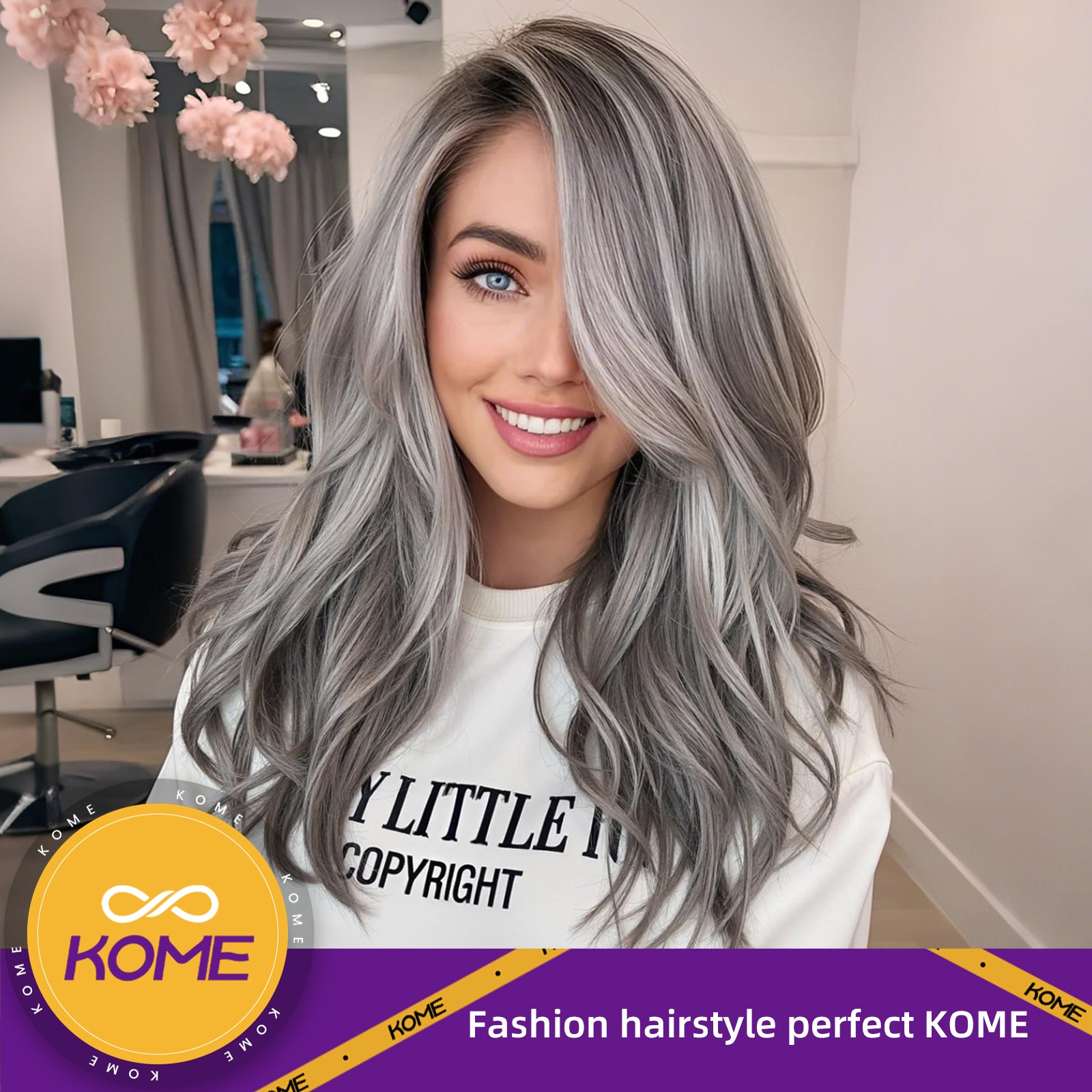 KOME Grey Synthetic Lace Front Wig,13×6 Curly Glueless Wigs for Women Daily Use 22IN（#2/60HL）
